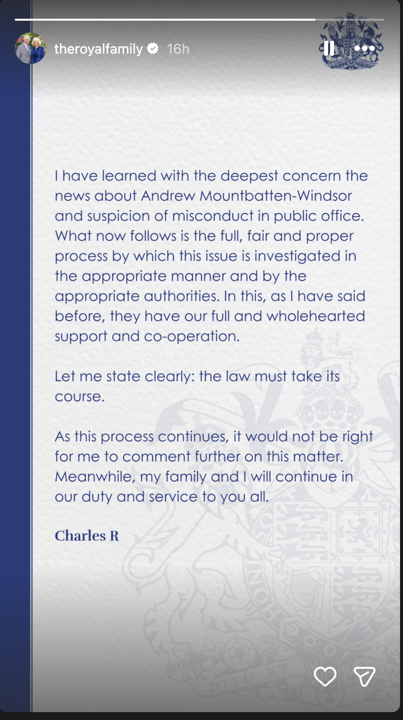 A message from Buckingham Palace following the arrest of Andrew Mountbatten-Windsor | Source: instagram/theroyalfamily