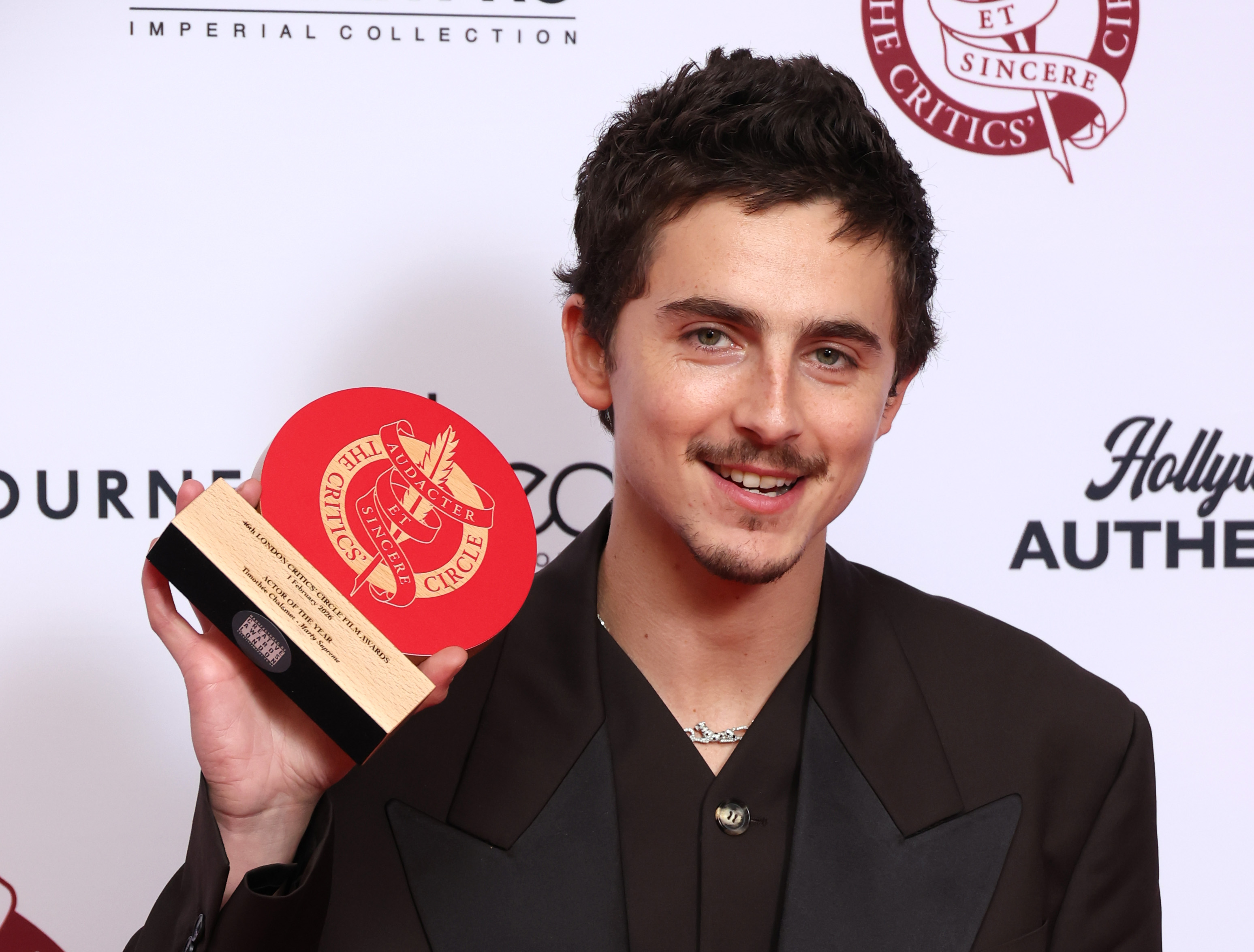 Timothée Chalamet poses in the winners room with the Actor Of The Year award at the 46th Critics' Circle Film Awards at The May Fair Hotel on February 01, 2026 in London, England. | Source: Getty Images