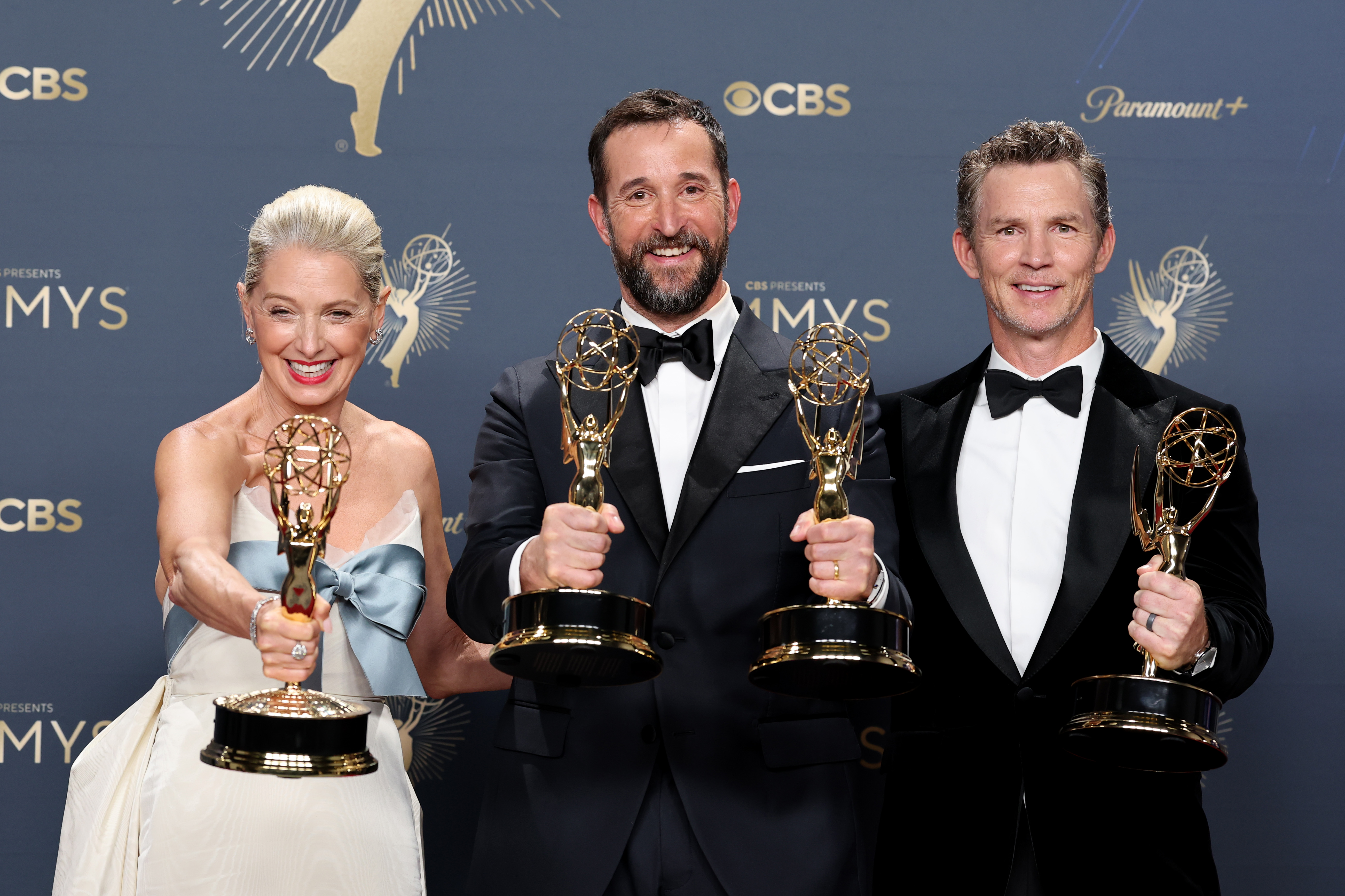 Katherine LaNasa, Noah Wyle, and Shawn Hatosy, pose in the press room during the 77th Primetime Emmy Awards at Peacock Theater on September 14, 2025 in Los Angeles, California.