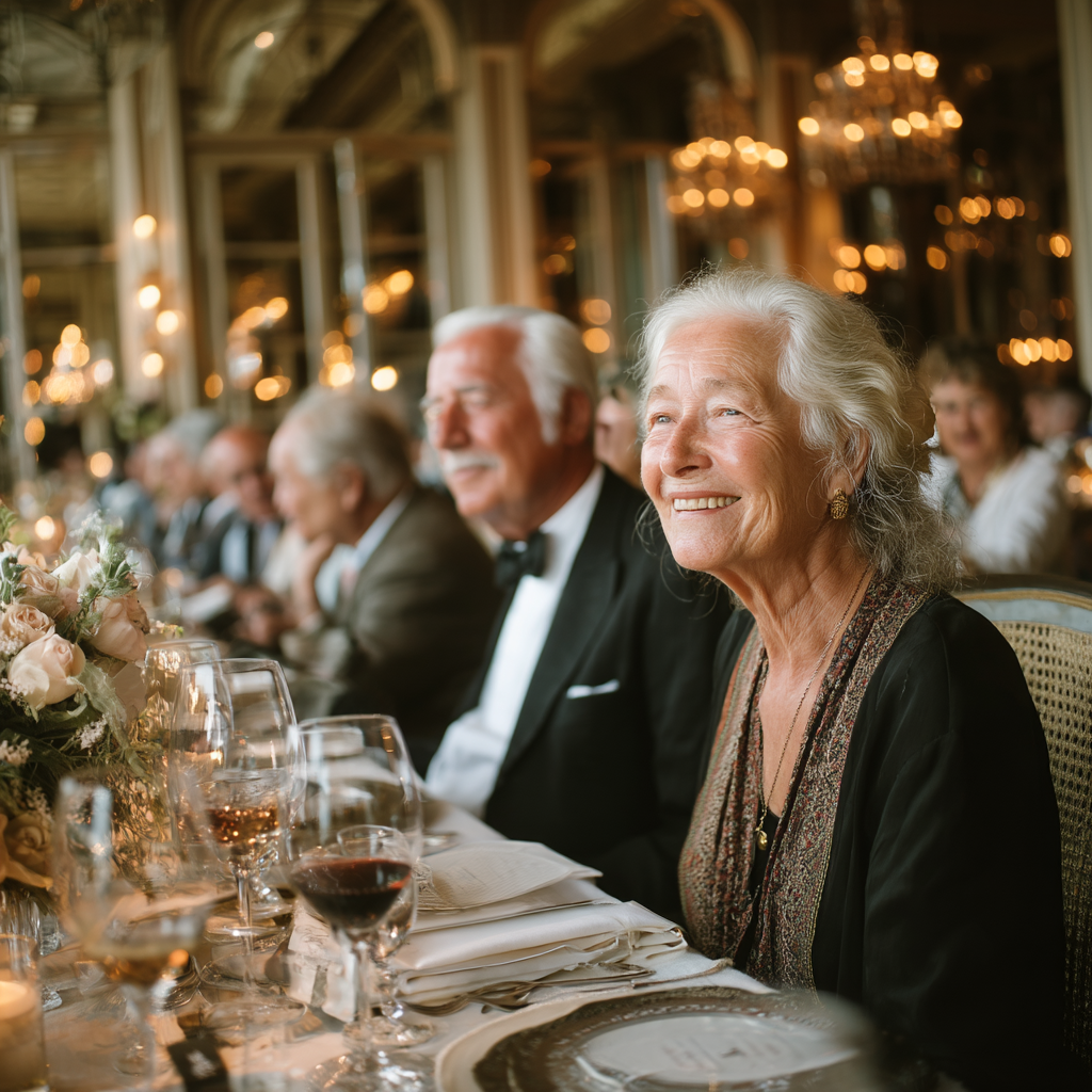 A happy woman with guests at a wedding | Source: Midjourney