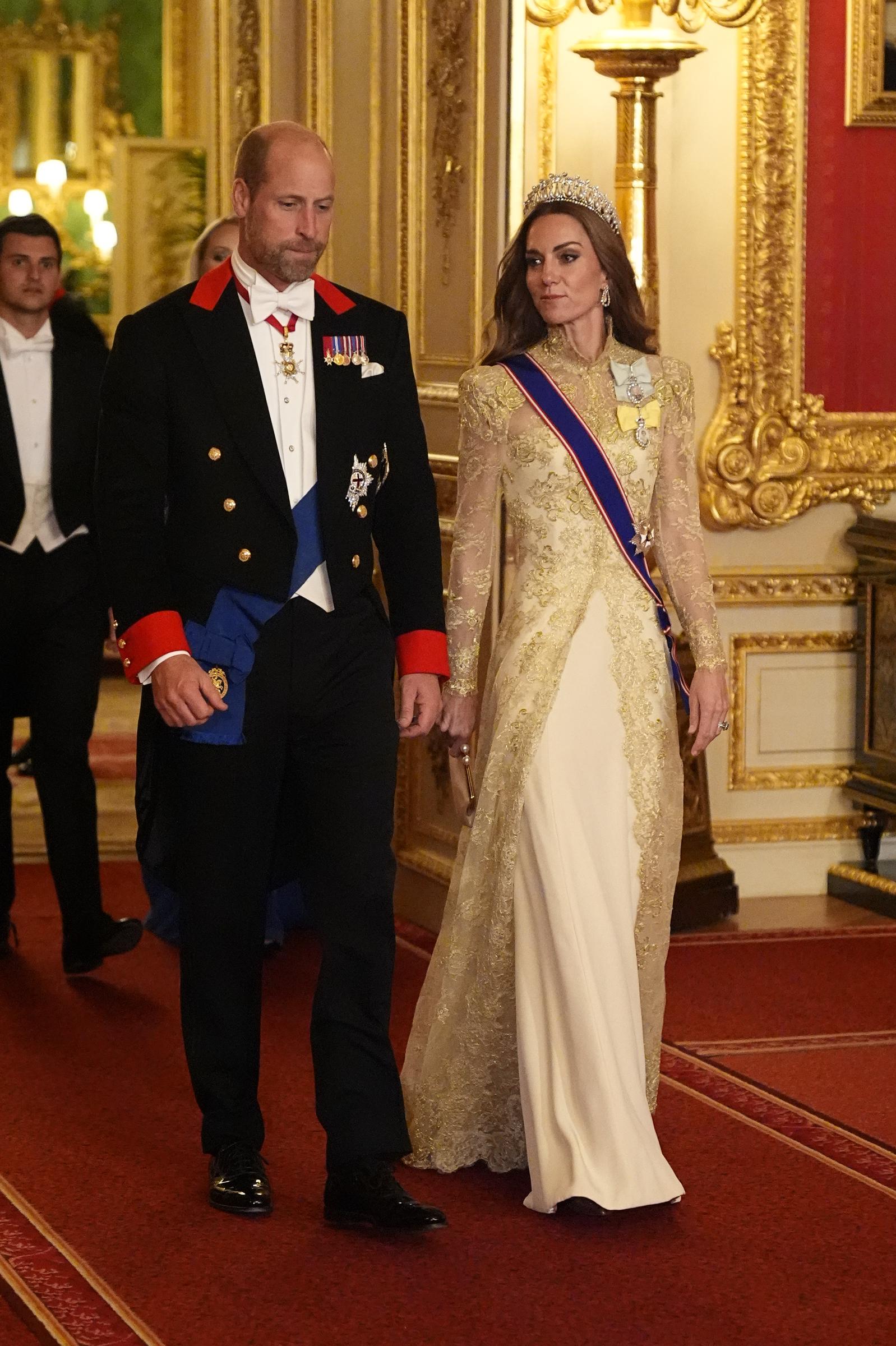 Prince William, Prince of Wales, and Catherine, Princess of Wales walks to attend the State Banquet at Windsor Castle during the State visit by the President of the United States of America on September 17, 2025, in Windsor, England. | Source: Getty Images