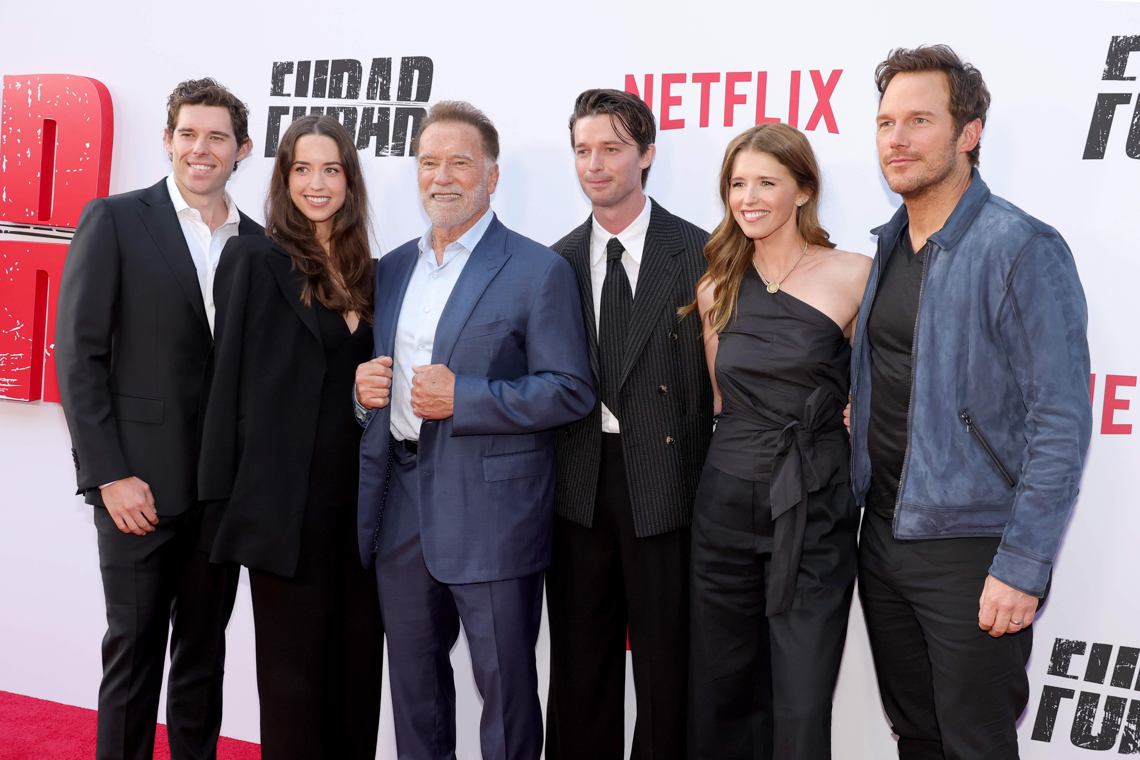 (L-R) Christopher, Christina, Arnold, Patrick, Katherine Schwarzenegger, and Chris Pratt attend Netflix's "FUBAR" Season 2 Los Angeles Premiere at Netflix Tudum Theater on June 11, 2025, in Los Angeles, California. | Source: Getty Images