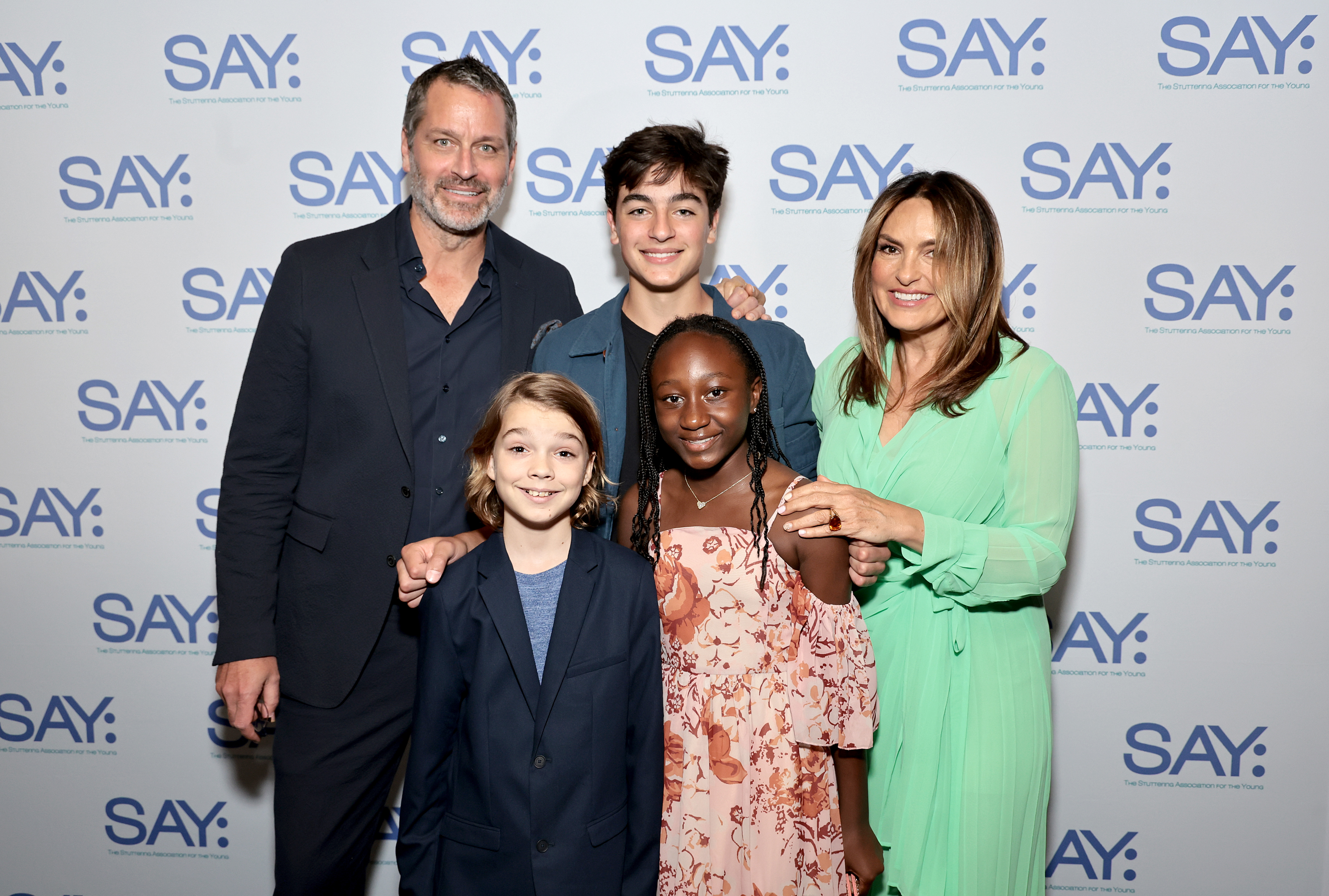 Peter Hermann and Mariska Hargitay pose with their children, August, Andrew, and Amaya Hermann at the 2023 Stuttering Association For The Young (SAY) Benefit Gala at The Edison Ballroom on May 22, 2023, in New York City. | Source: Getty Images