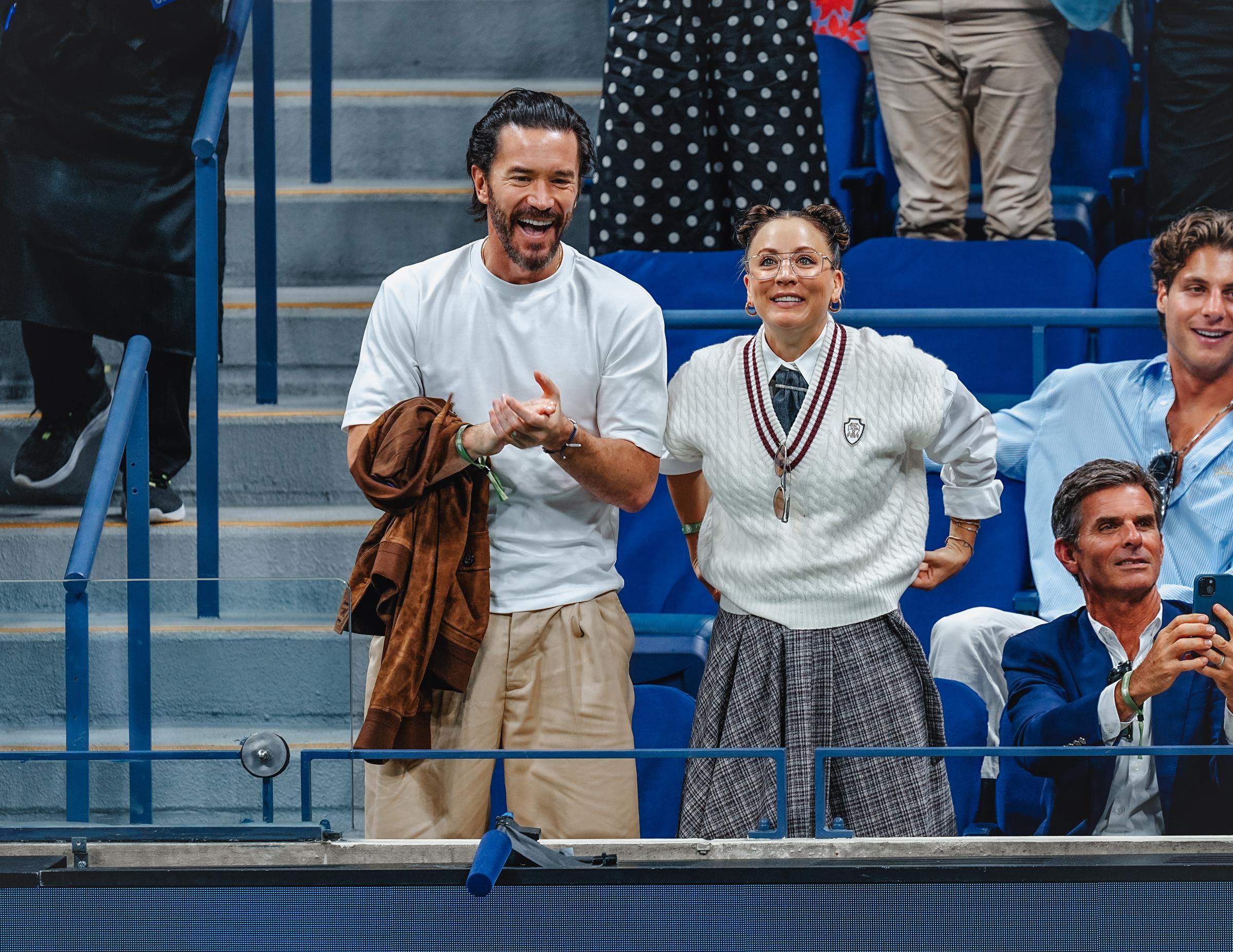 Kaley Cuoco and Tom Pelphrey are seen at Day 13 of the 2025 US Open Tennis Championships at USTA Billie Jean King National Tennis Center on September 5, 2025, in Flushing Meadows, Queens, New York City. | Source: Getty Images