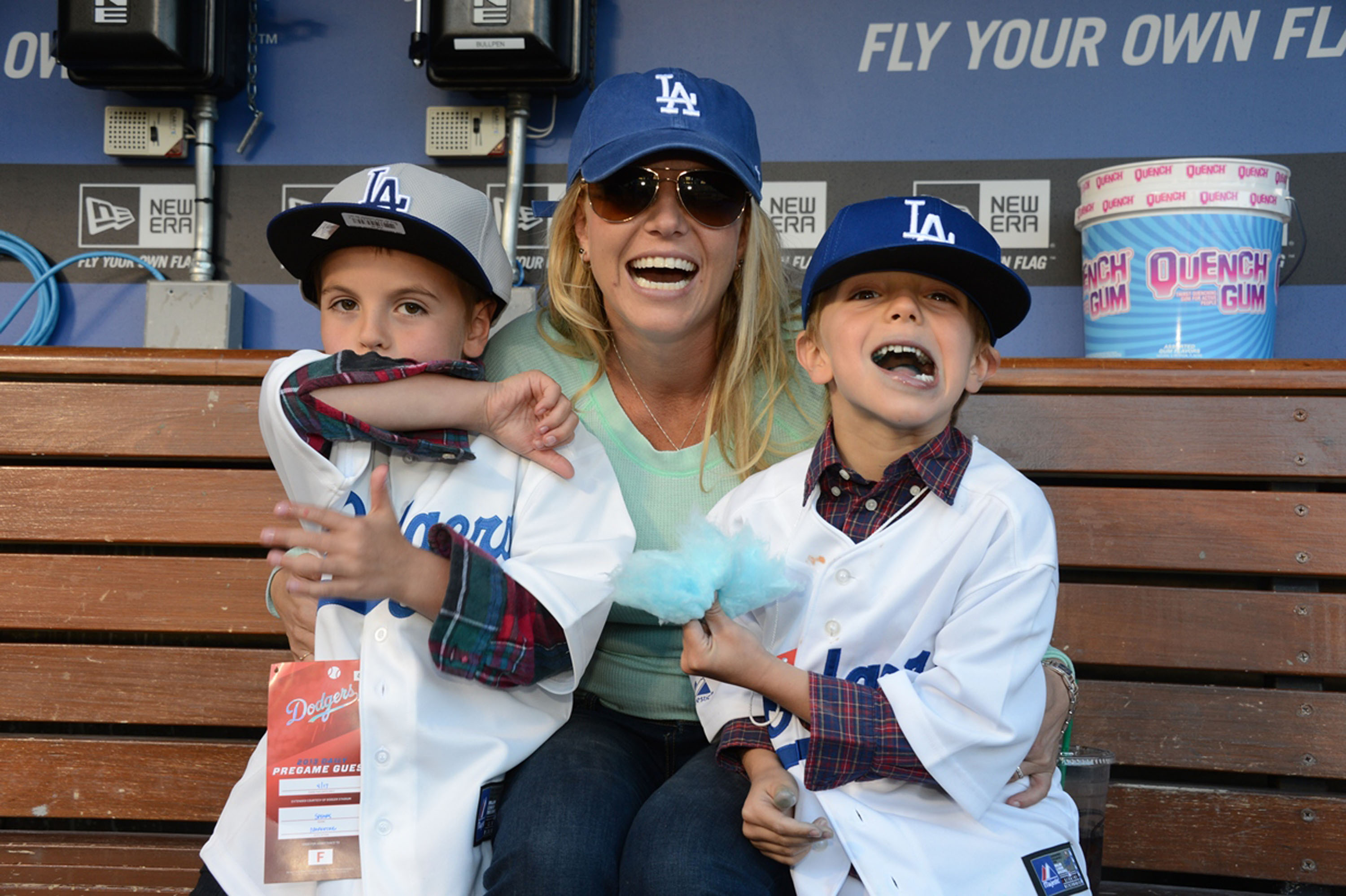 Britney Spears poses with sons Sean Preston Federline (L) and Jayden James Federline (R) during agame against the San Diego Padres at Dodger Stadium on April 17, 2013 in Los Angeles, California. | Source: Getty Images