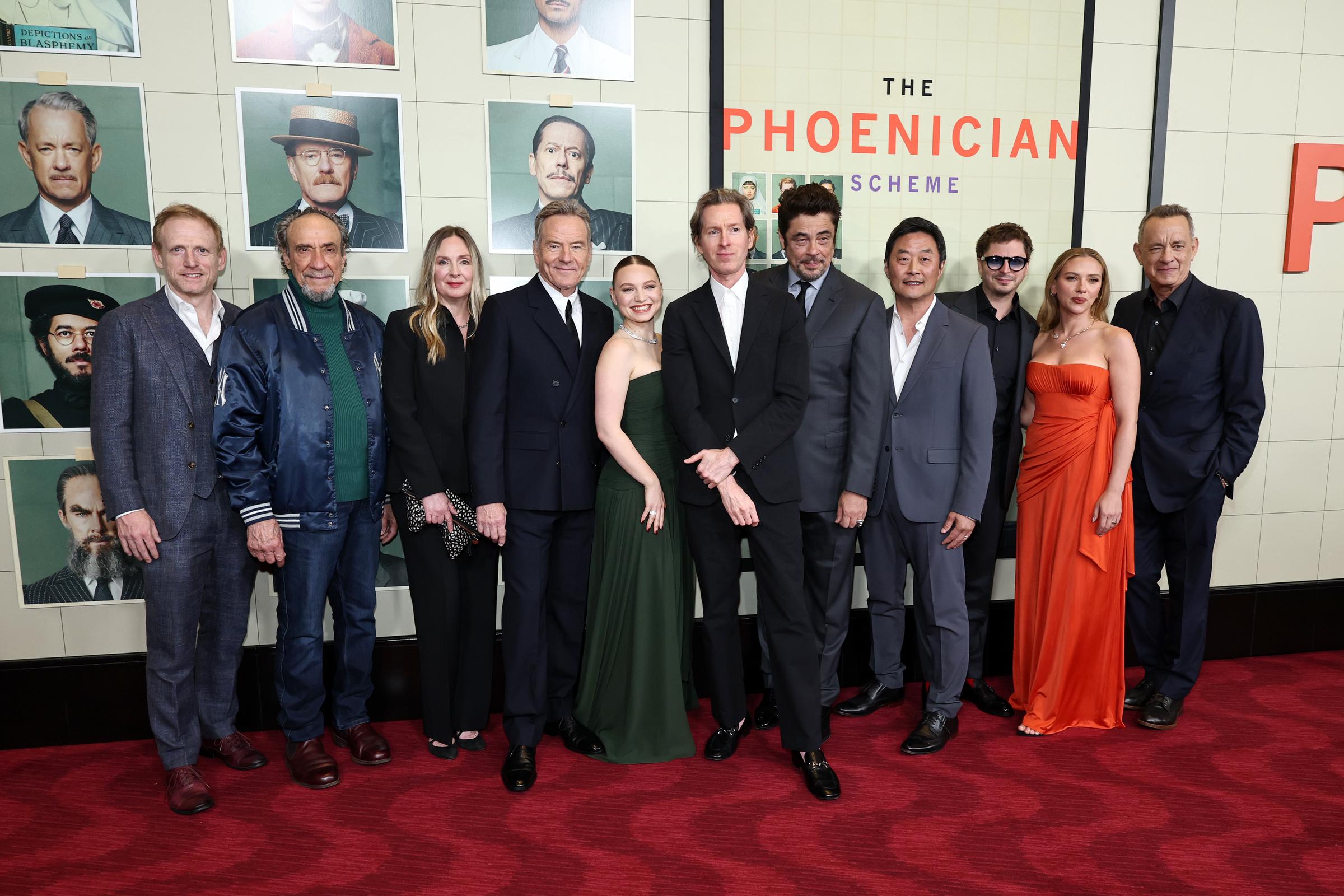 (L-R) Scott Shepherd, F. Murray Abraham, Hope Davis, Bryan Cranston, Mia Threapleton, Wes Anderson, Benicio del Toro, Stephen Park, Michael Cera, Scarlett Johansson, and Tom Hanks attend Focus Features' "The Phoenician Scheme" New York Premiere at Jazz at Lincoln Center on May 28, 2025, in New York City. | Source: Getty Images