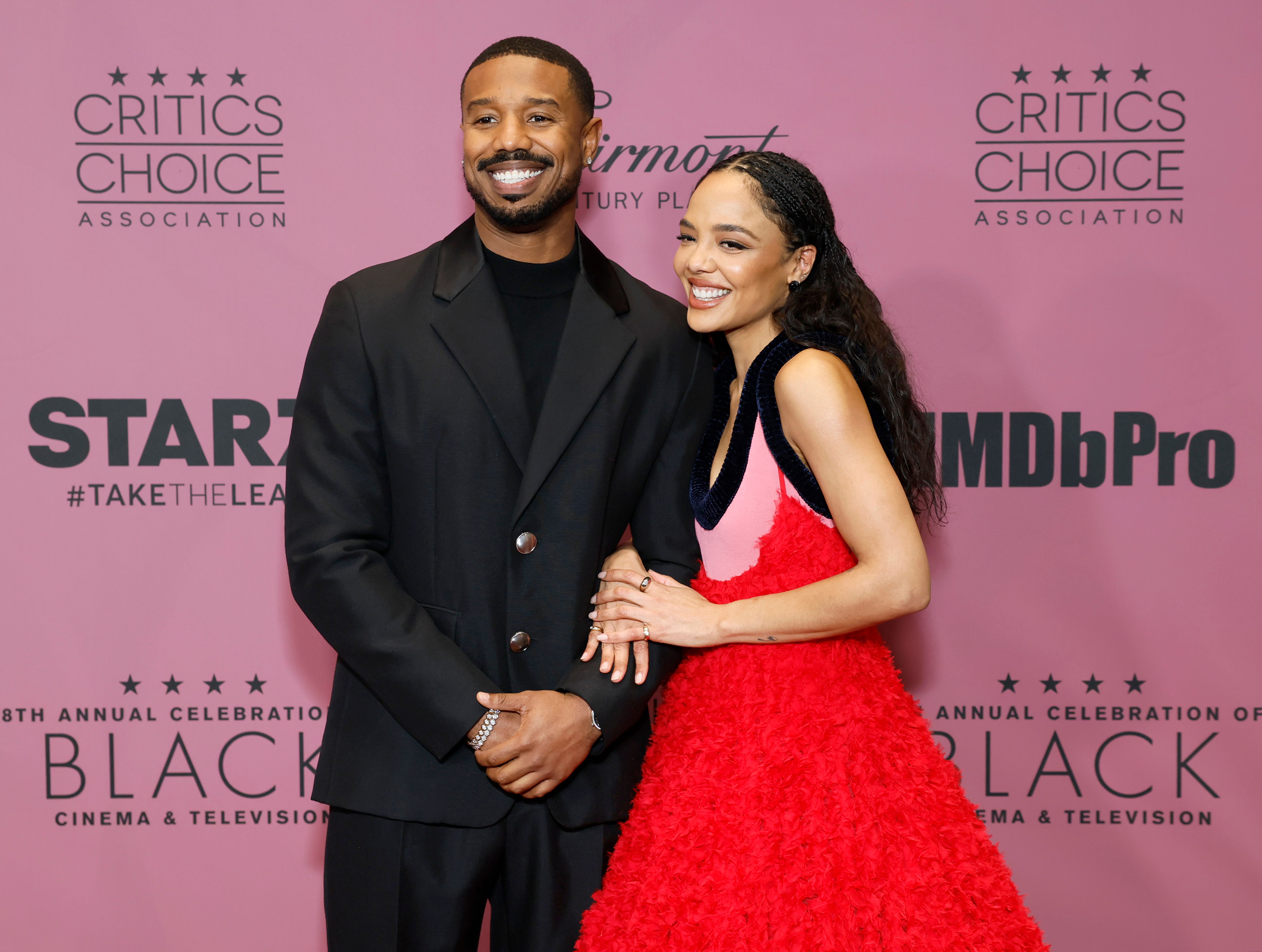 Michael B. Jordan and Tessa Thompson attend The Critics Choice Association's 8th annual celebration of Black Cinema & Television at Fairmont Century Plaza on December 09, 2025 in Los Angeles, California. | Source: Getty Images