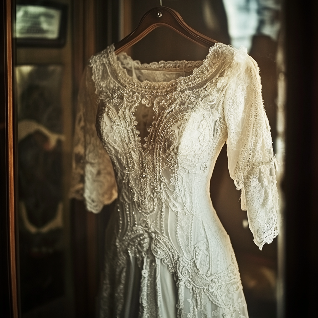 A vintage wedding dress on a hanger | Source: Midjourney