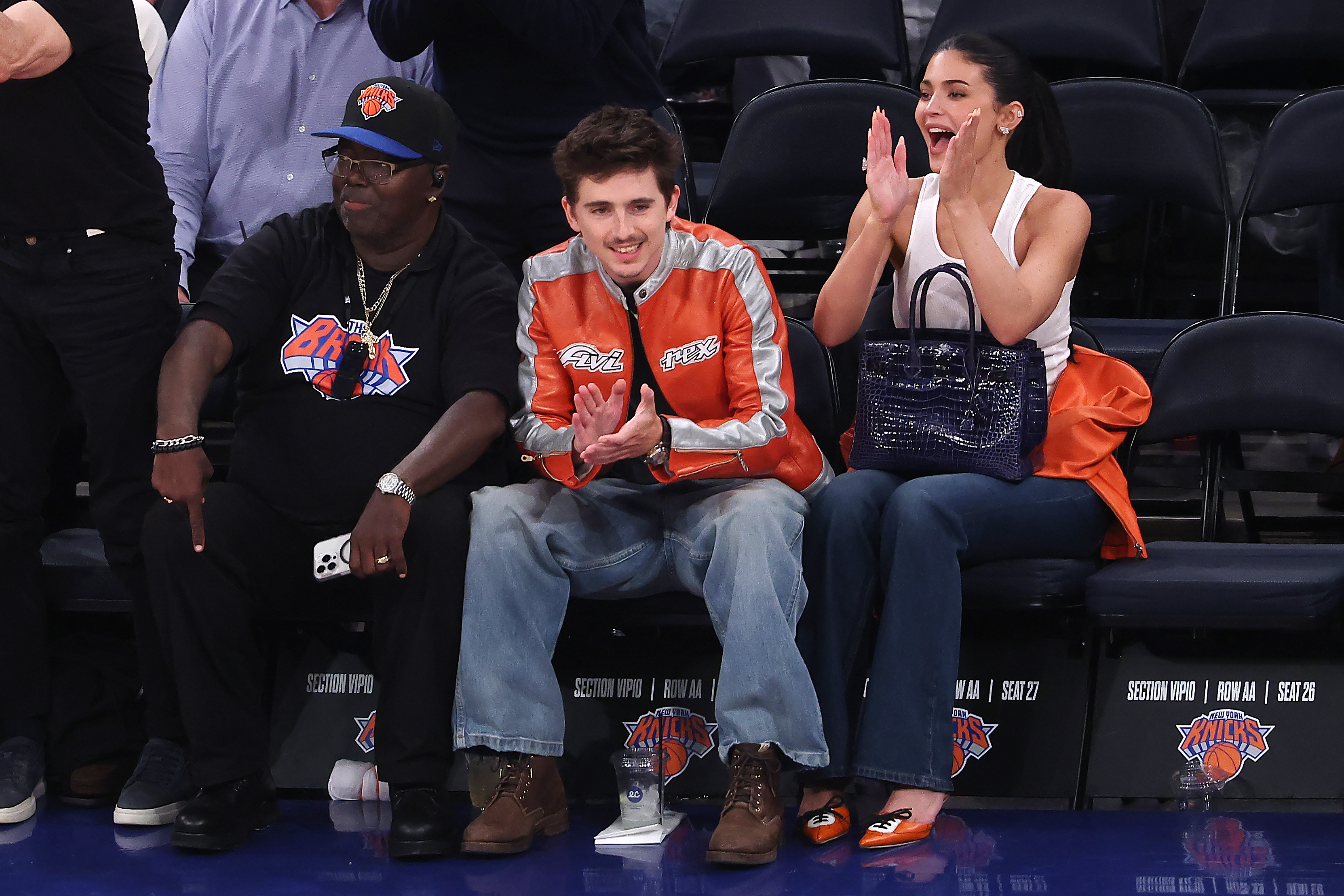 Timothée Chalamet and Kylie Jenner during Game Two of the Second Round of the NBA Eastern Conference Playoffs between the New York Knicks and the Philadelphia 76ers at Madison Square Garden on May 6, 2026, in New York. | Source: Getty Images