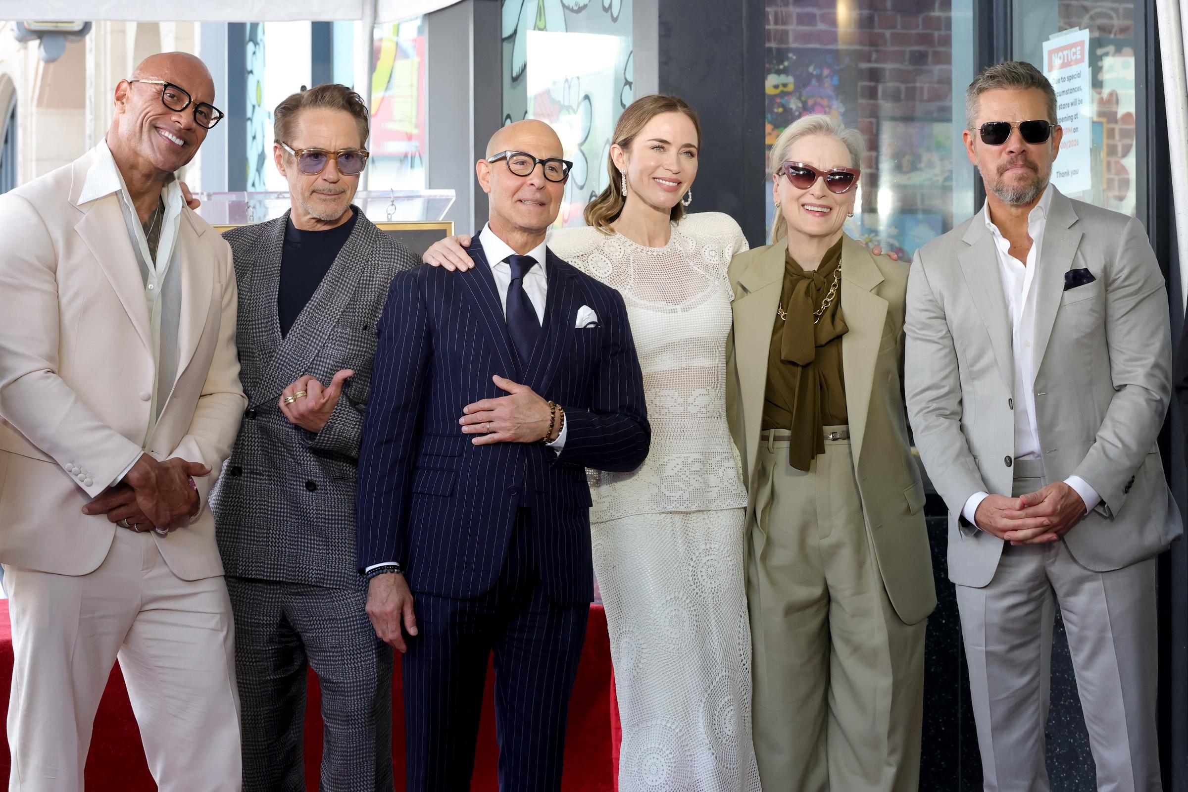 Dwayne Johnson, Robert Downey Jr., Stanley Tucci, Emily Blunt, Meryl Streep and Matt Damon attend the Walk of Fame Induction Ceremony for Stanley Tucci and Emily Blunt on April 30, 2026 in Hollywood, California. | Source: Getty Images