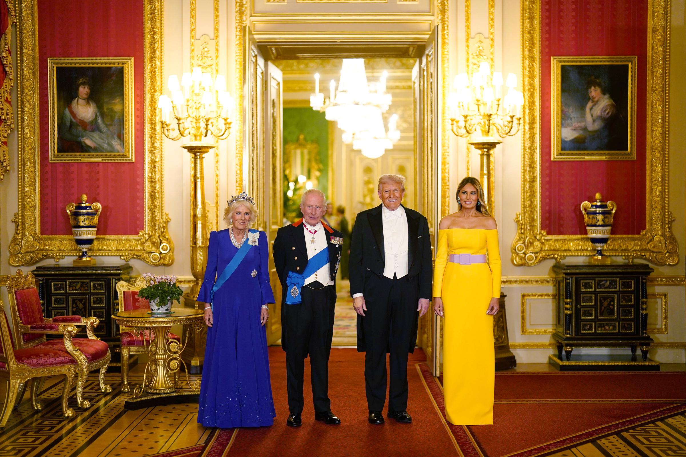 (L-R) Queen Camilla, King Charles III, U.S. President Donald Trump and First Lady Melania Trump arrive for the State Banquet hosted by King Charles III and members of the Royal Family at Windsor Castle during the state visit by the President of the United States of America on September 17, 2025, in Windsor, England. | Source: Getty Images