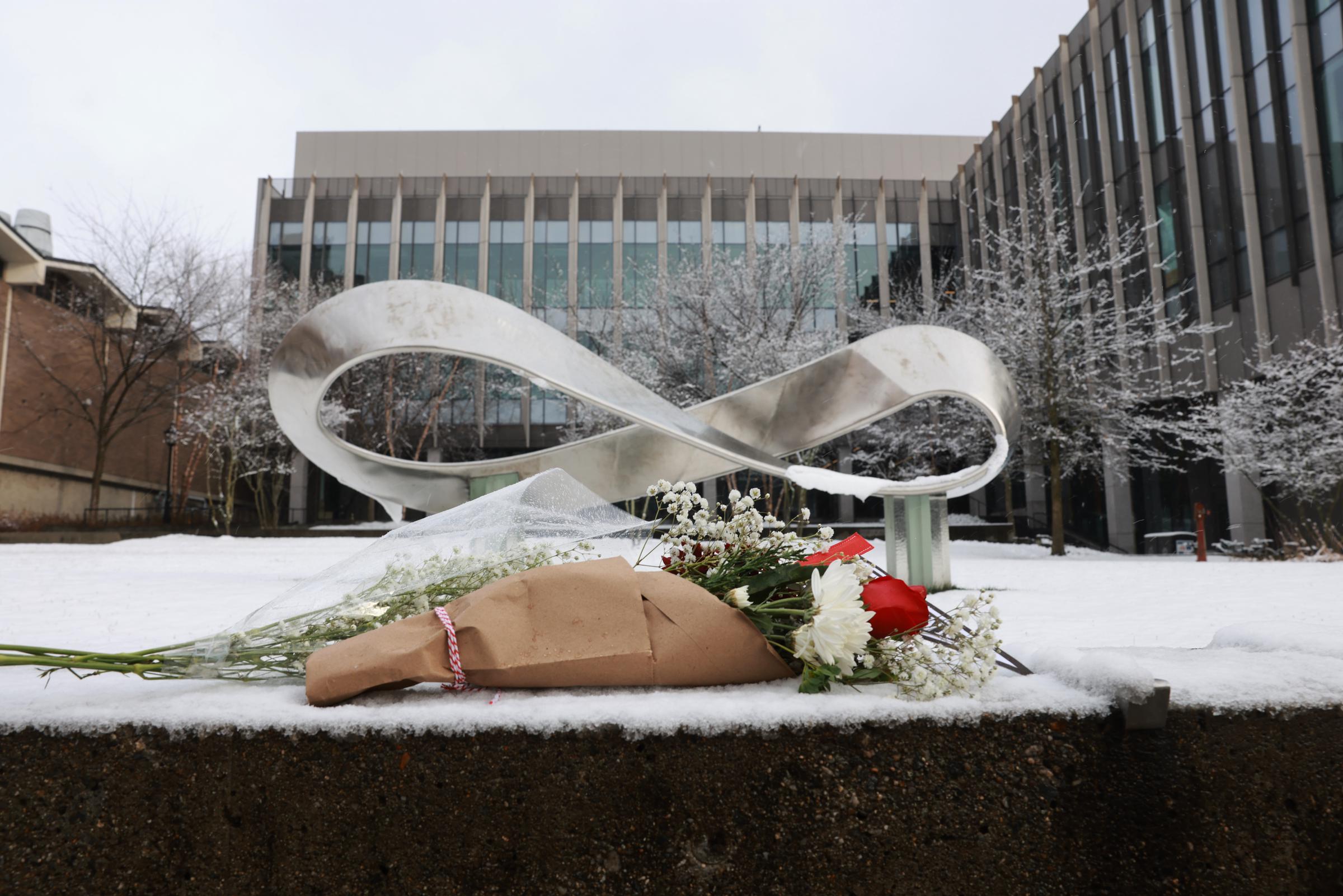 A bouquet is left outside of the engineering and physics building at Brown University on December 14, 2025, in Providence, Rhode Island. | Source: Getty Images