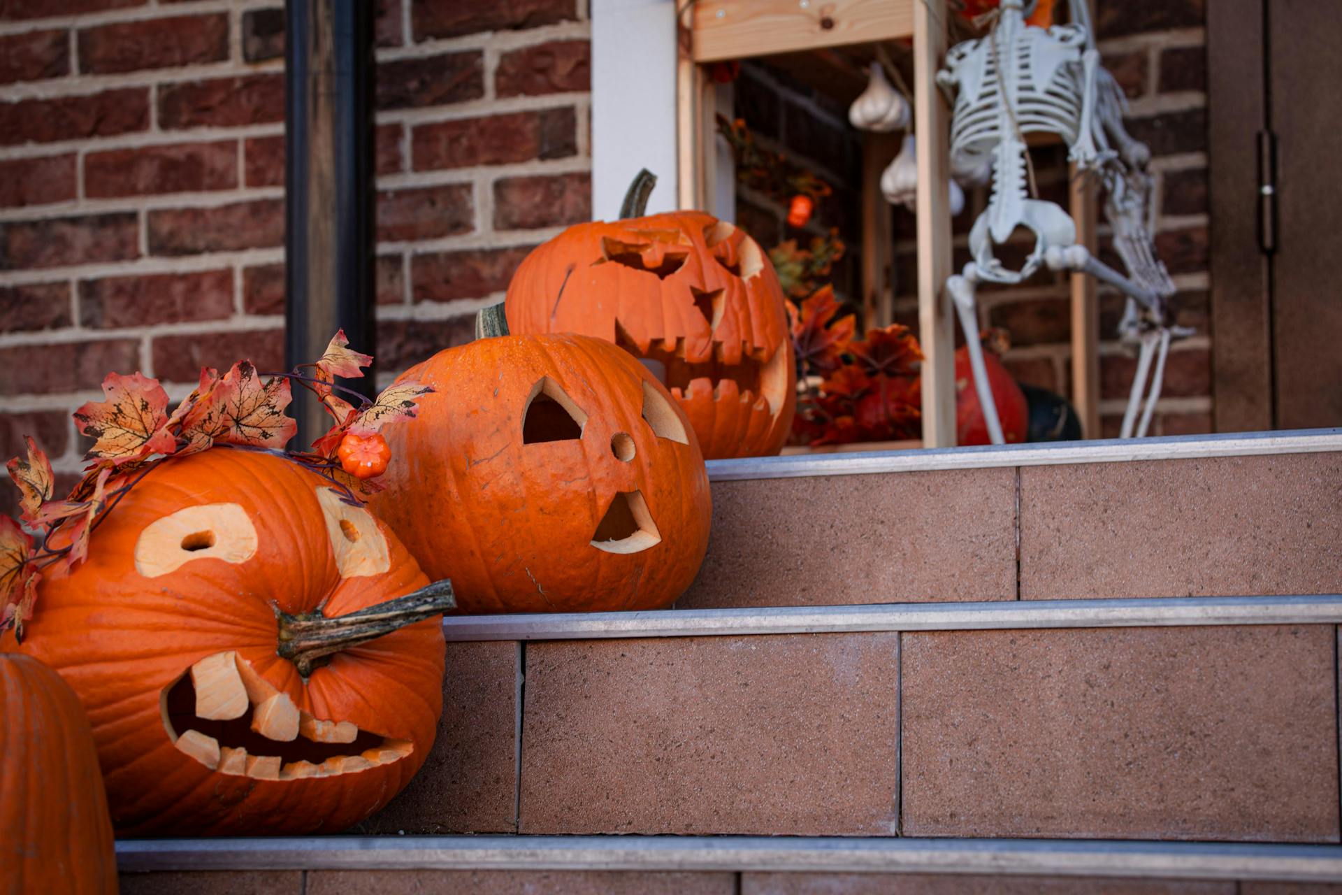 Carved pumpkins lined on the stairs | Source: Pexels