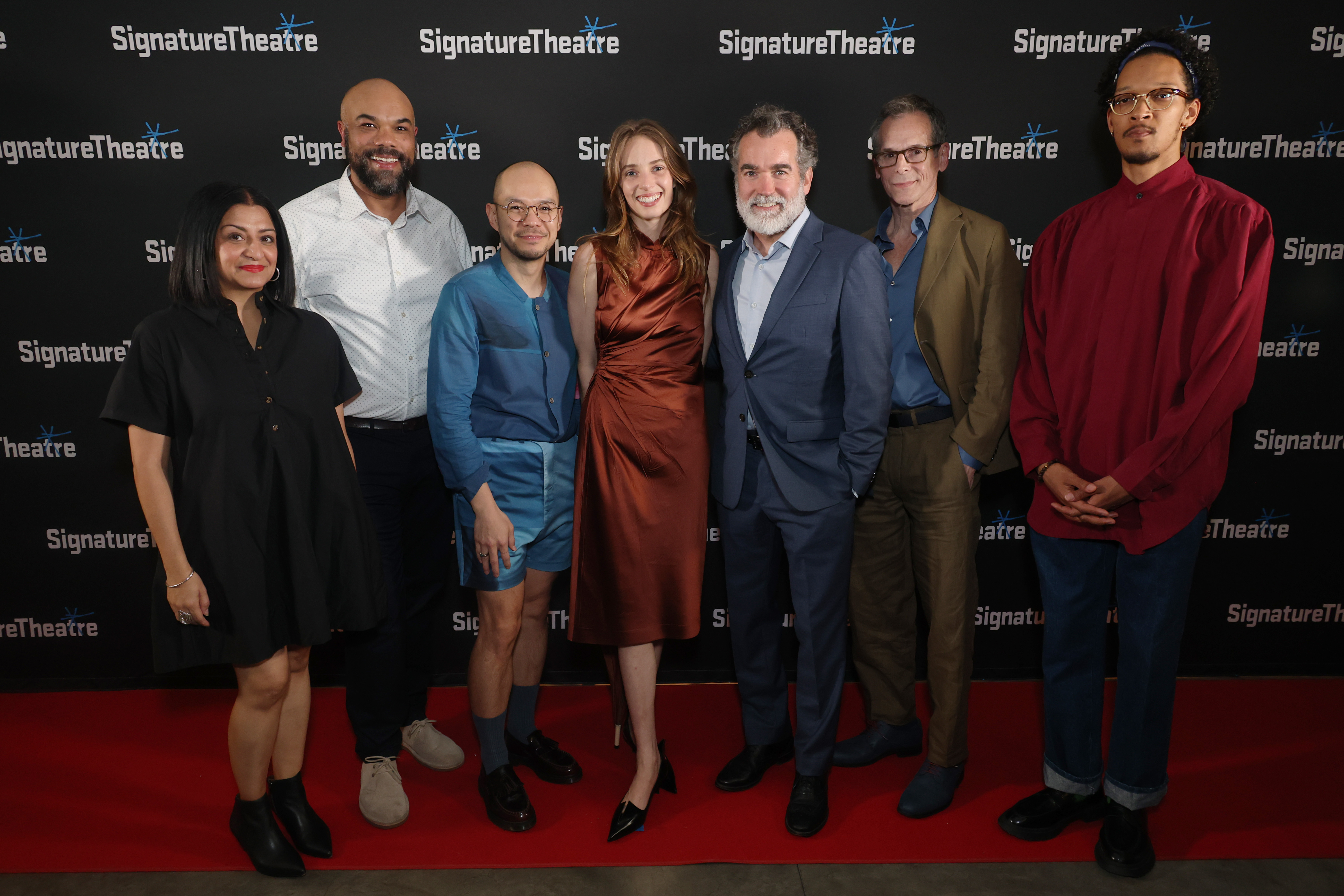 L-R) Maria Elena Ramirez, David Ryan Smith, Jon Norman Schneider, Maya Hawke, Brian d'Arcy James, T. Ryder Smith and Caleb Eberhardt attend "Eurydice" Opening Night at Signature Theatre on June 2, 2025, in New York City. | Source: Getty Images