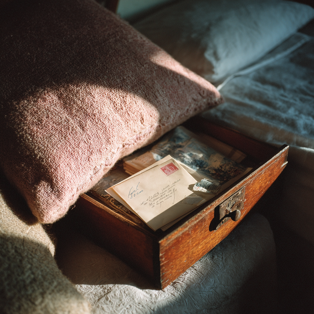 A pillow sits on top of an open drawer with a letter | Source: Midjourney