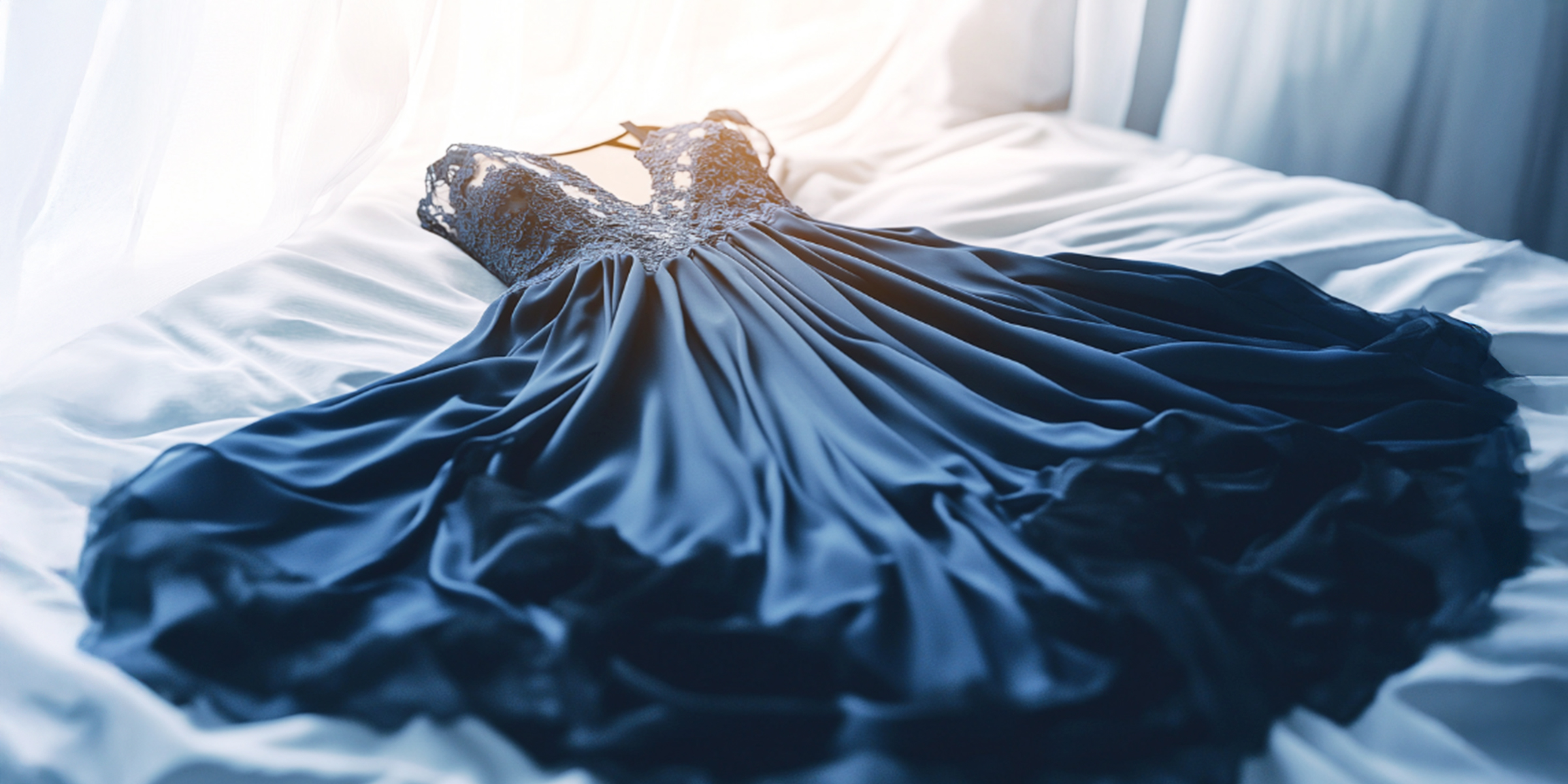 A midnight blue prom dress on a bed | Source: Barabola