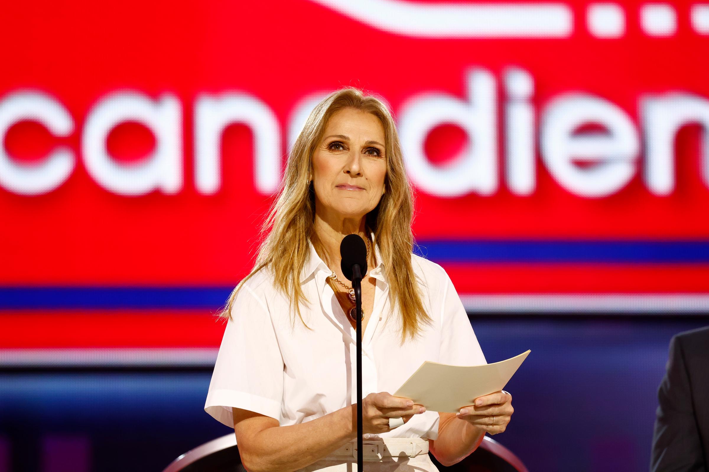 Celine Dion announces the Montreal Canadians first round pick during the Upper Deck NHL Draft on June 28, 2024, at the Sphere in Las Vegas, Nevada. | Source: Getty Images