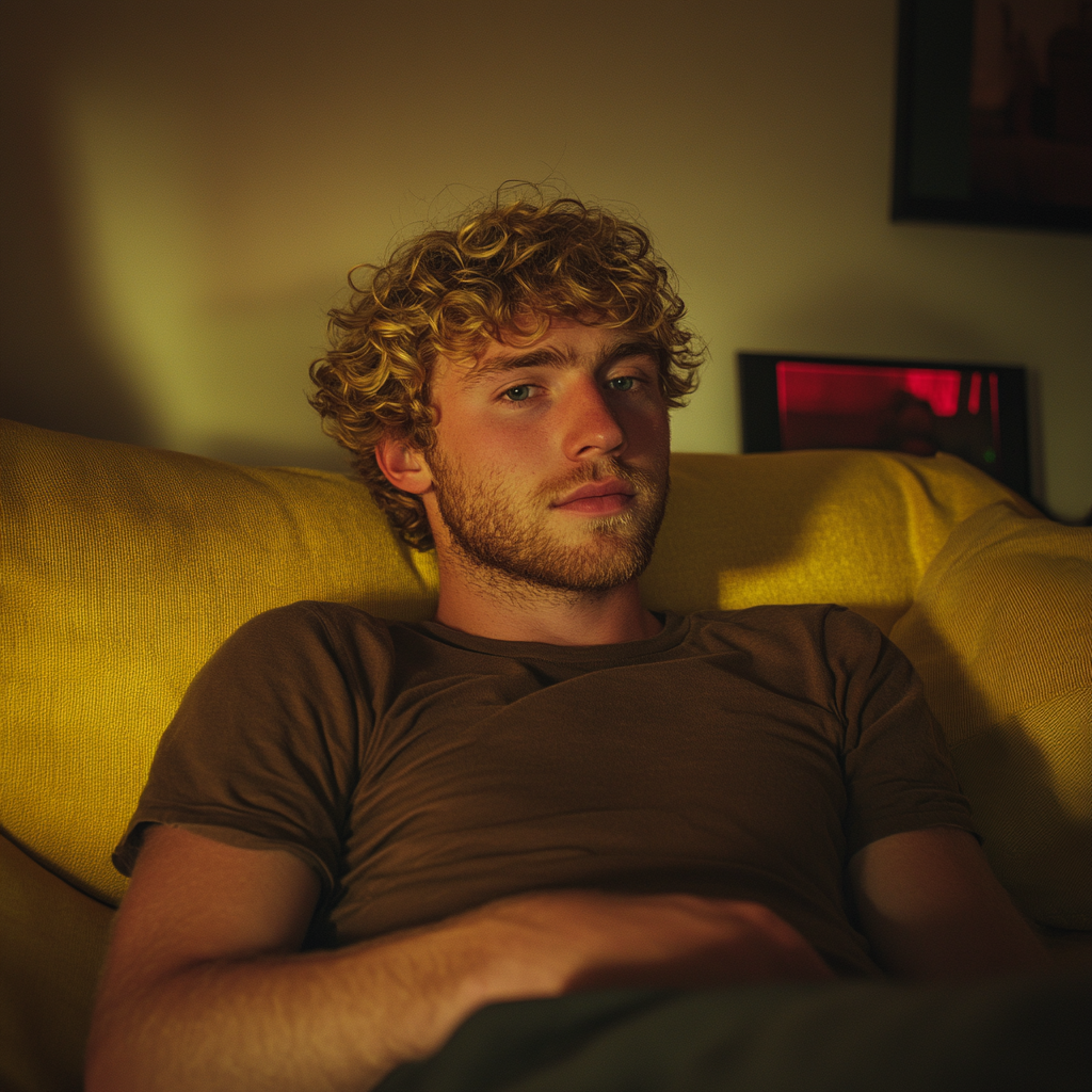 A pensive man sitting on a yellow couch | Source: Midjourney