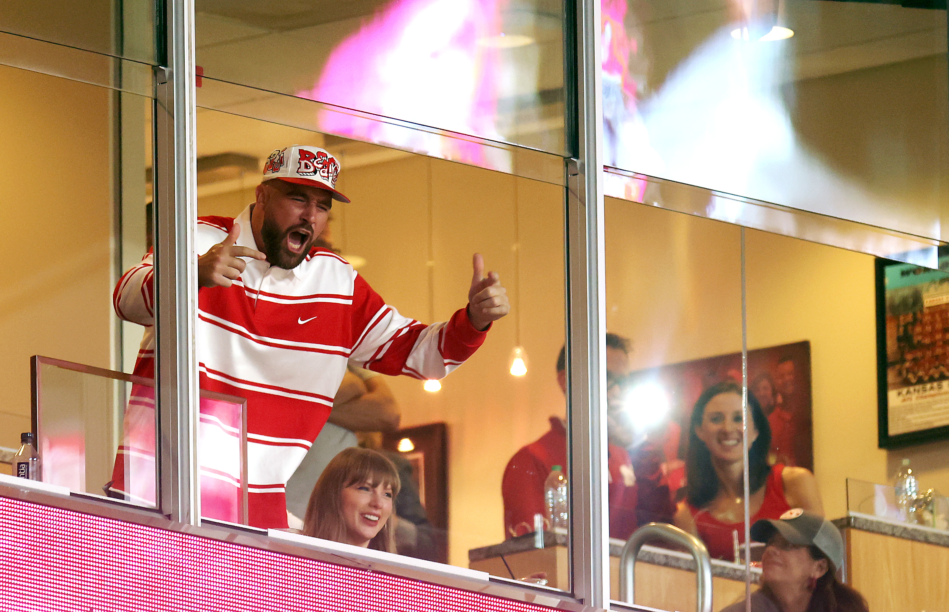 Travis Kelce and Taylor Swift watch from a suite during the first half of the game between the Cincinnati Bearcats and the Nebraska Cornhuskers at Arrowhead Stadium on August 28, 2025, in Kansas City, Missouri. | Source: Getty Images