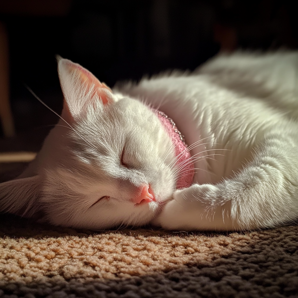 A cat sleeping on a carpet | Source: Midjourney