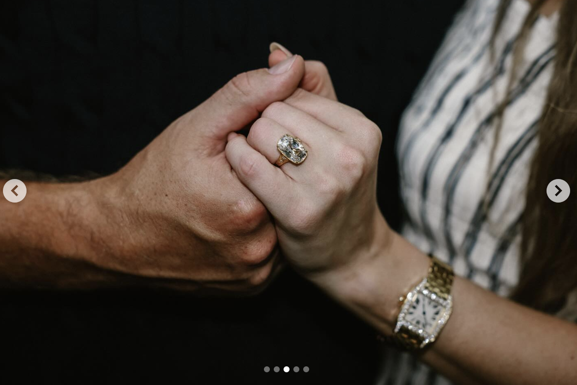 Taylor Swift's engagement ring, co-designed by Travis Kelce, posted on August 26, 2025. | Source: Instagram/taylorswift