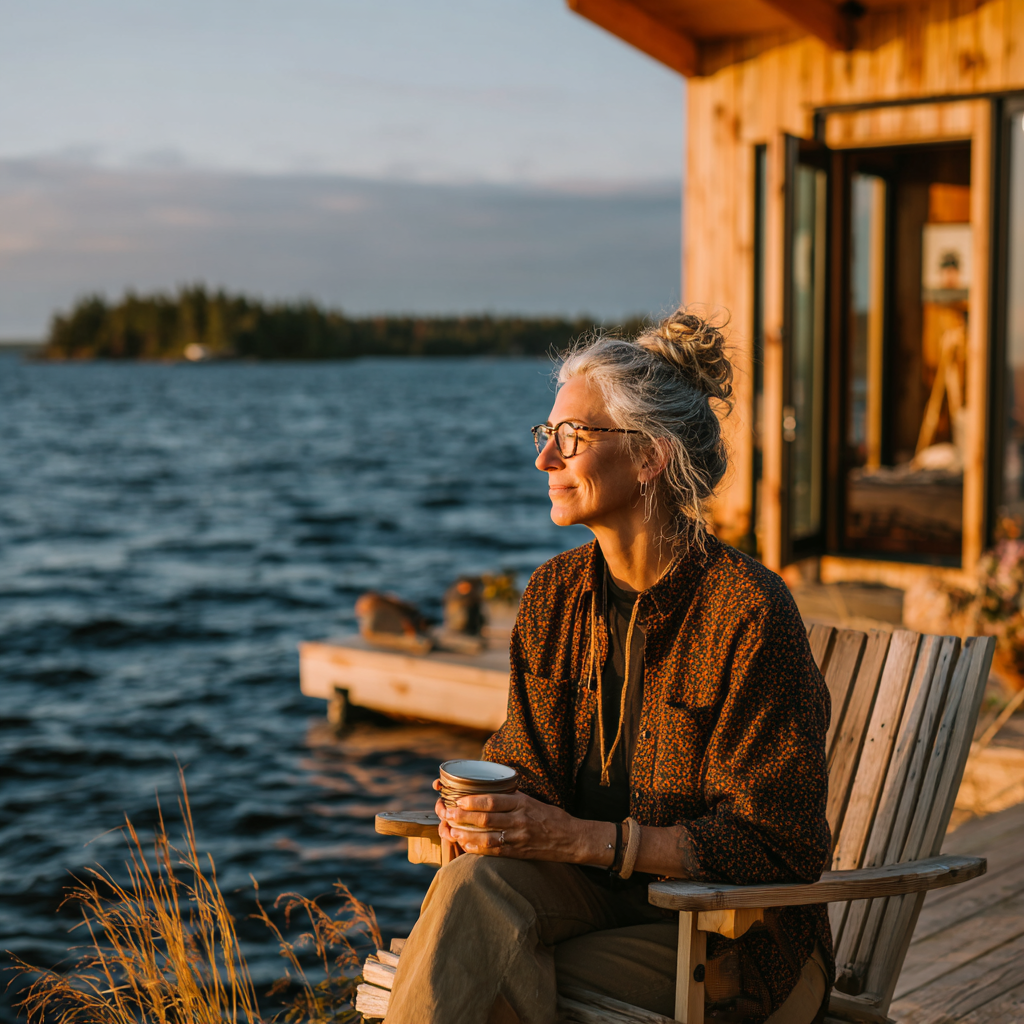 A happy woman outside a cabin by the lake | Source: Midjourney