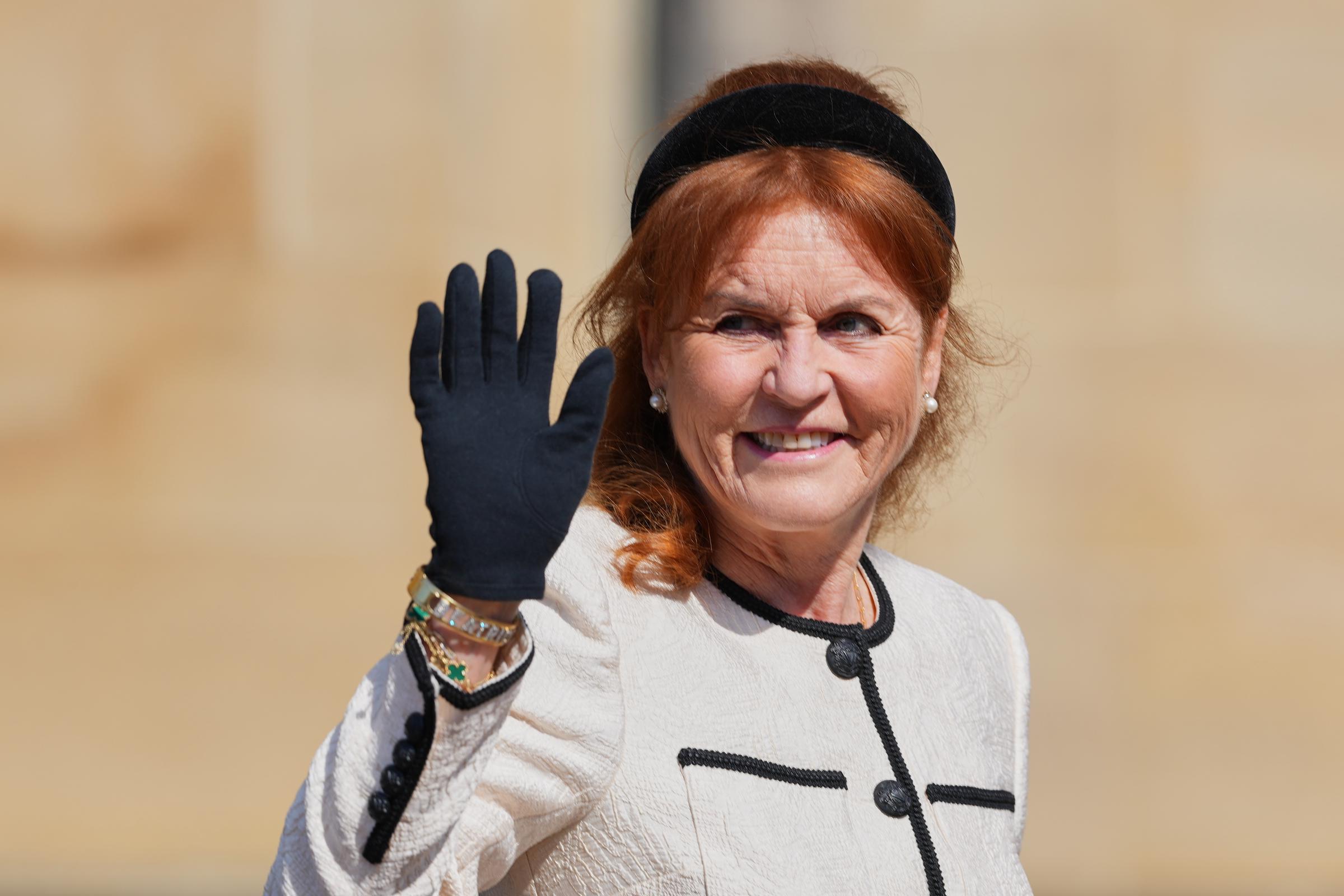 Sarah Ferguson waves as she attends the Easter Matins Service at St. George's Chapel, Windsor Castle on April 20, 2025 in Windsor, England. | Source: Getty Images