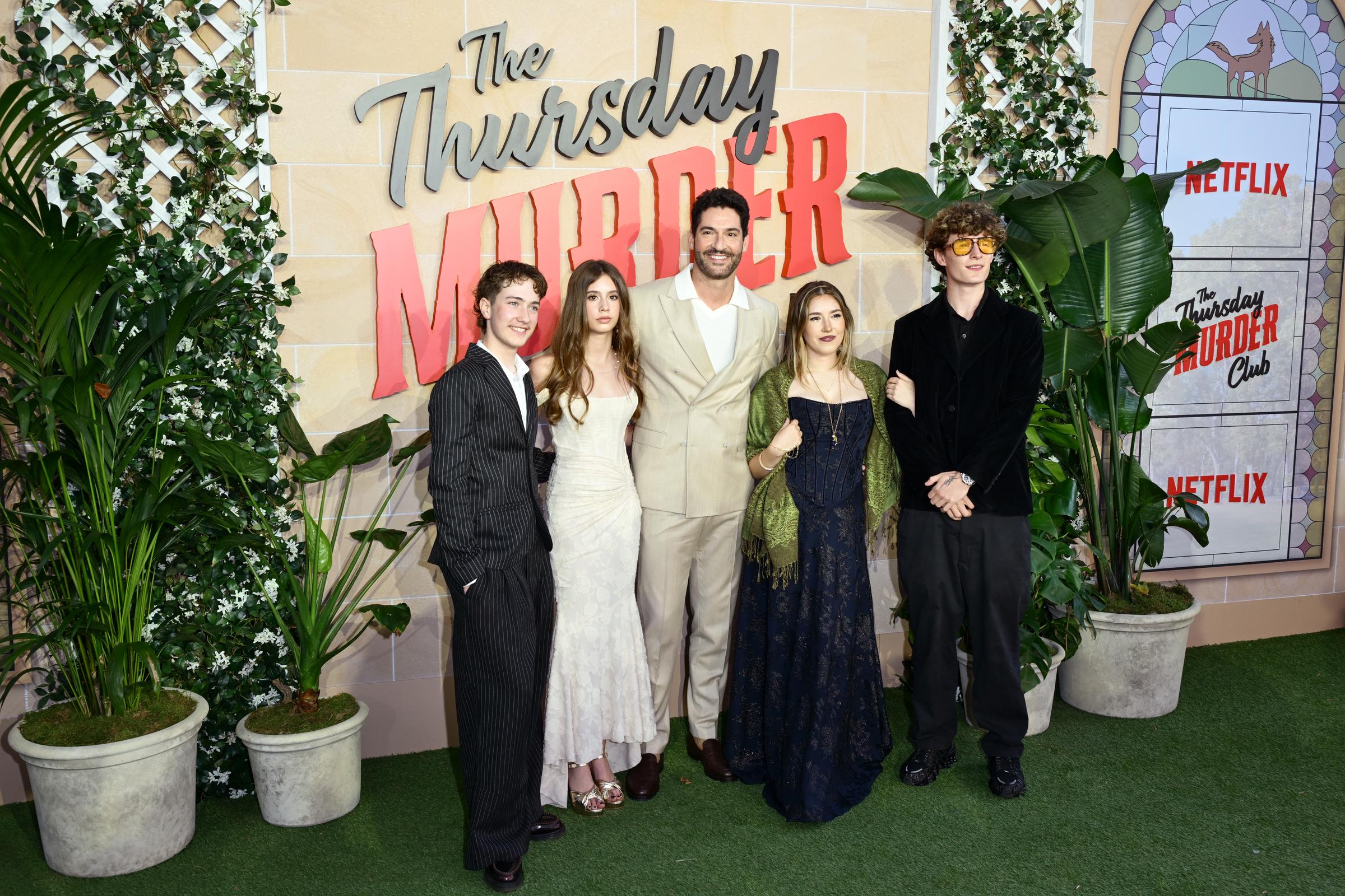 (L-R) Flo Ellis, Marnie Ellis, Tom Ellis, Nora Ellis, and guest attend "The Thursday Murder Club" UK Premiere at Leicester Square Gardens on August 21, 2025, in London, England. | Source: Getty Images