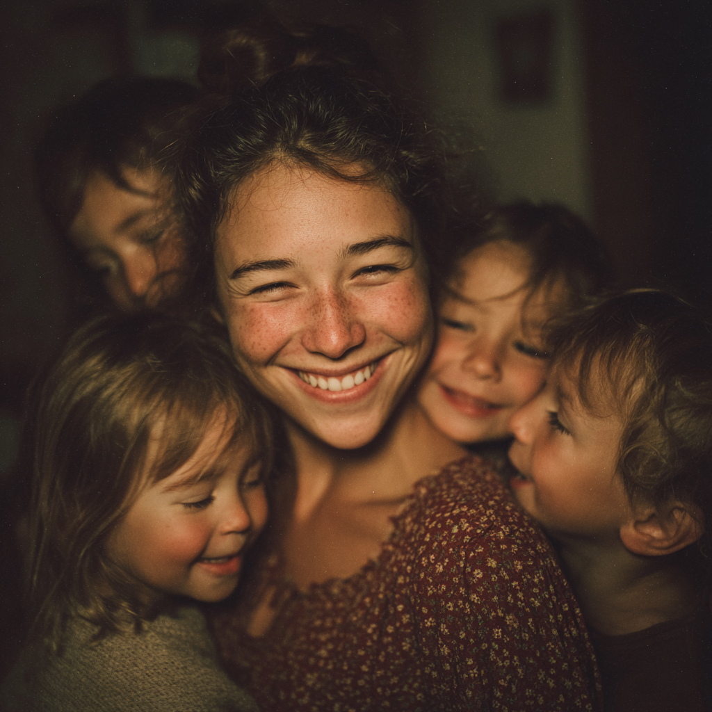 A happy woman embracing her children | Source: Midjourney