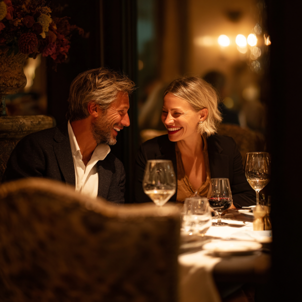 A couple laughing during dinner | Source: Midjourney