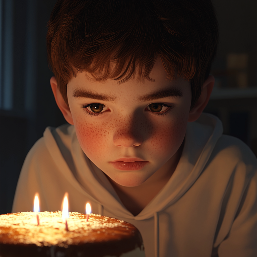 A boy staring at his birthday cake | Source: Midjourney