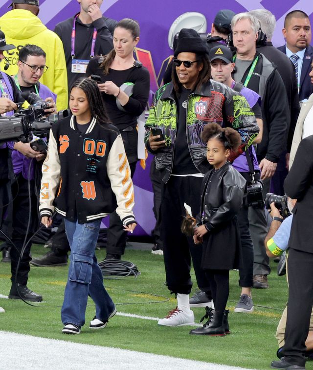 Jay-Z with his daughters, Blue Ivy and Rumi Carter, at Super Bowl LVIII at Allegiant Stadium on February 11, 2024, in Las Vegas, Nevada | Source: Getty Images