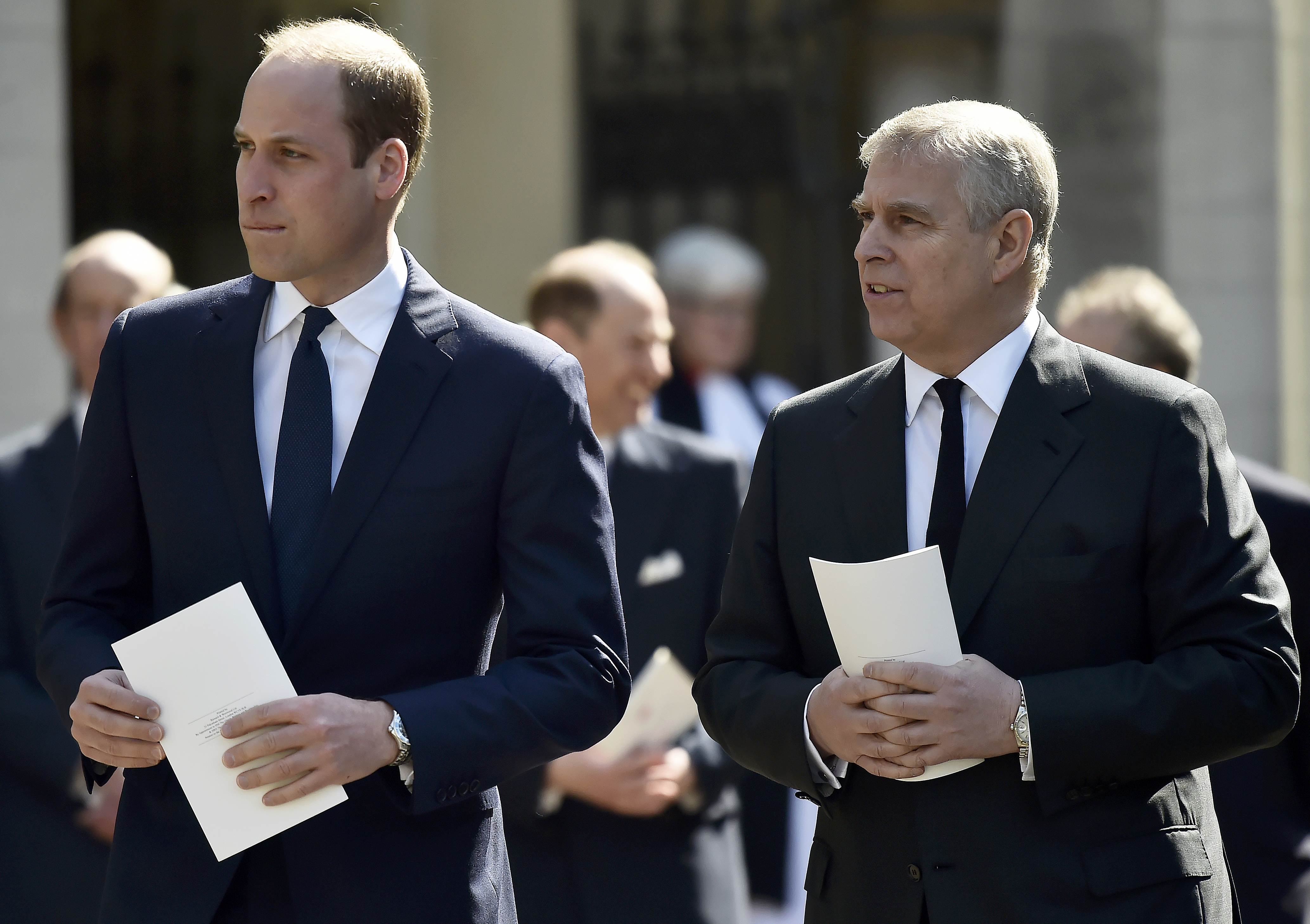 Prince William and Prince Andrew, Duke of York leave a Service of Thanksgiving for the life and work of Lord Snowdon at Westminster Abbey on April 7, 2017 in London, United Kingdom. | Source: Getty Images