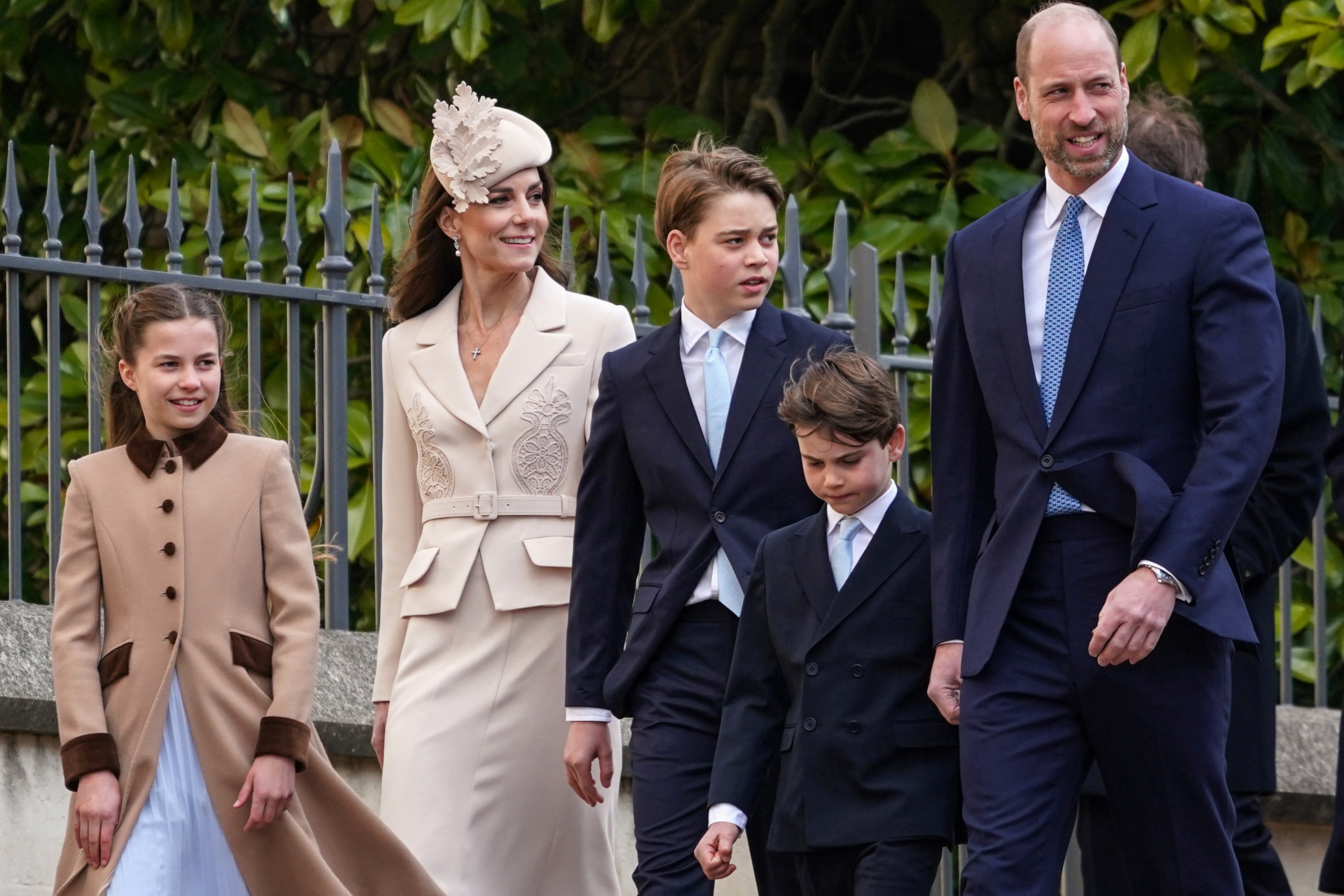 Britain's Princess Charlotte of Wales, Britain's Catherine, Princess of Wales, Britain's Prince George of Wales, Britain's Prince Louis of Wales and Britain's Prince William, Prince of Wales, walk to St George's Chapel in Windsor, west of London, to attend the Easter Matins Service on April 5, 2026. | Source: Getty Images