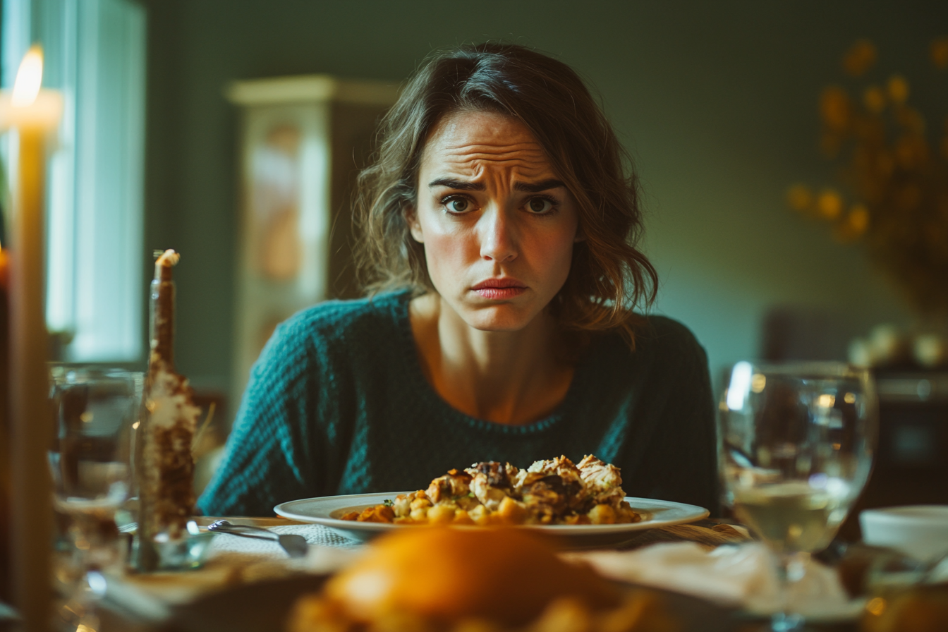 A woman looking sad at a dinner table | Source: Midjourney