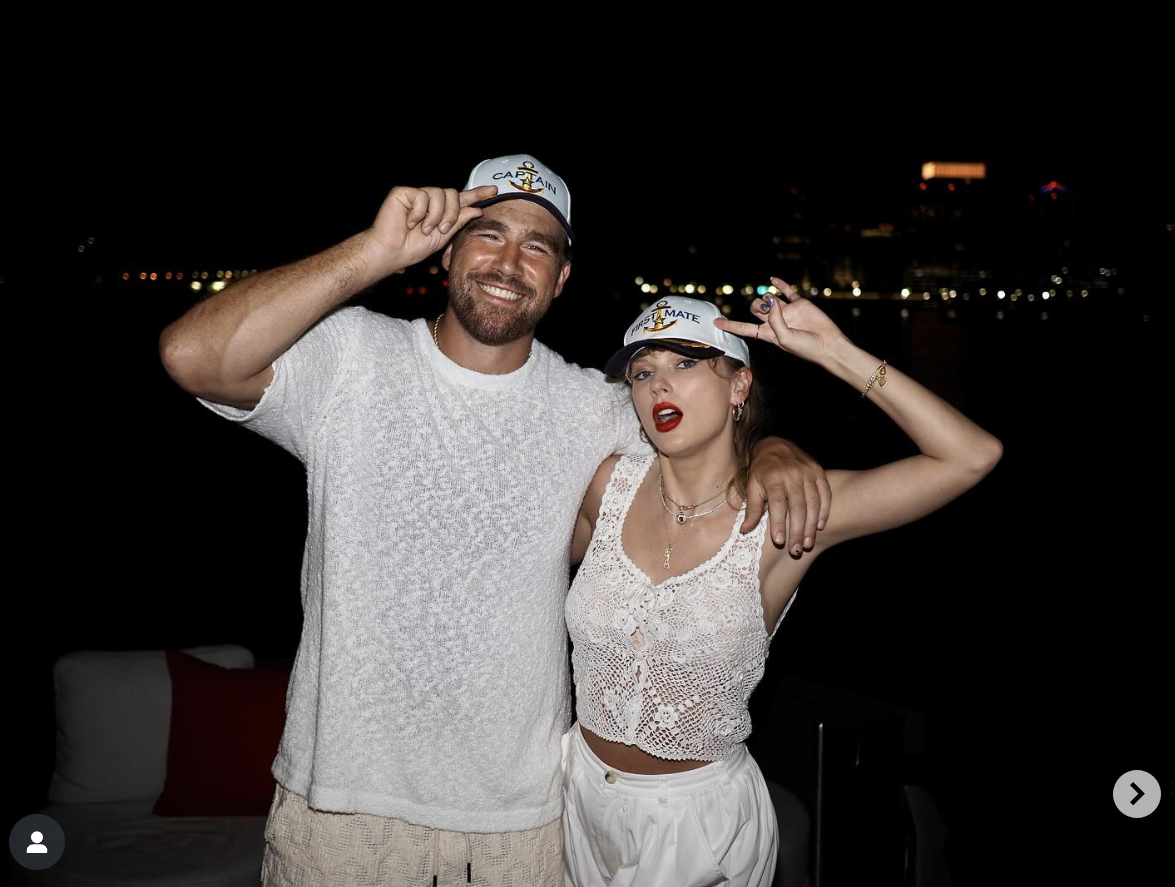 Travis Kelce and Taylor swift wearing matching hats, posted by the NFL athlete on July 25, 2025. | Source: Instagram/killatrav