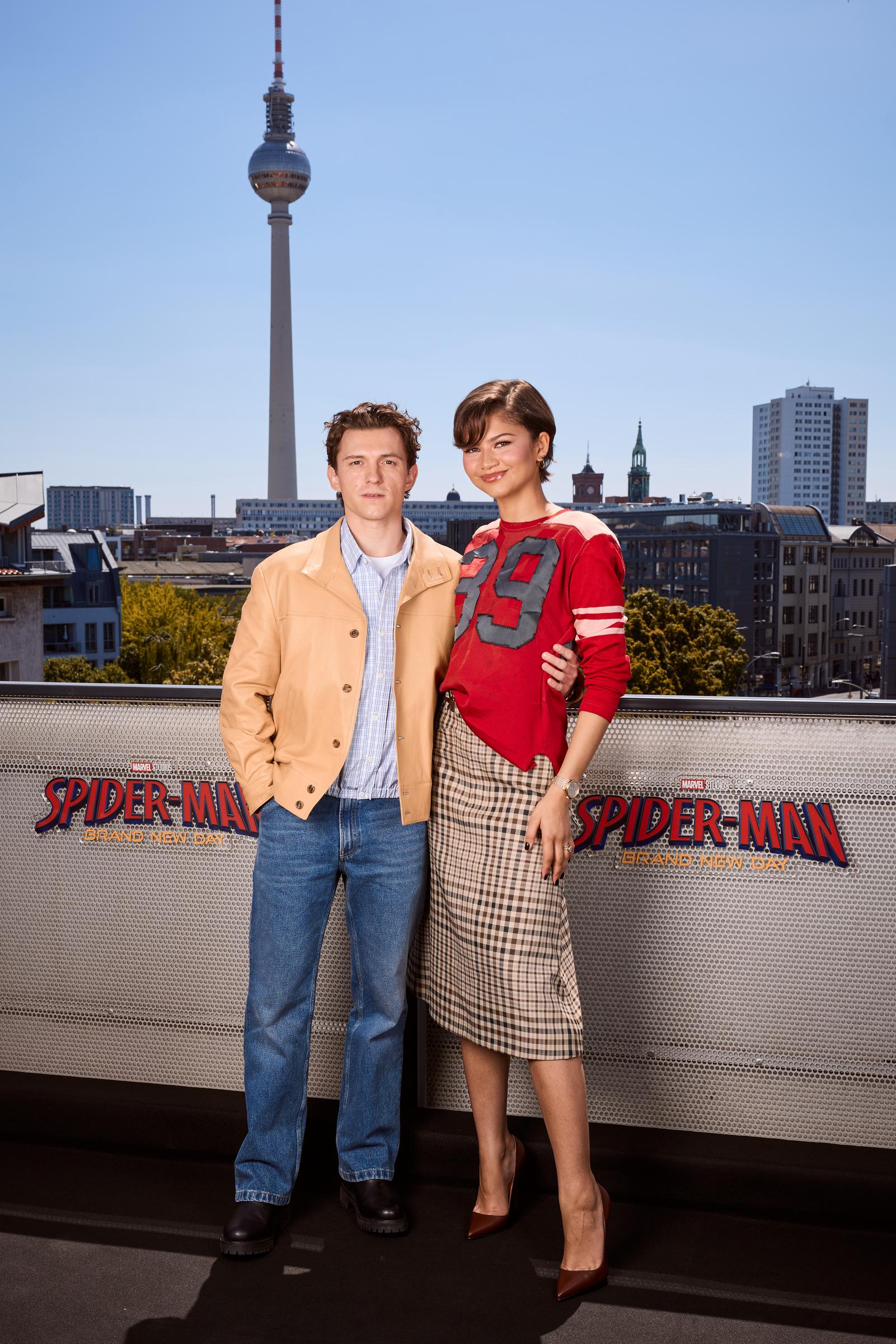 Tom Holland and Zendaya pose for a portrait ahead of the German Fan Event for "Spider-Man: Brand New Day" at Amano Rooftop on June 22, 2026 in Berlin, Germany. | Source: Getty Images