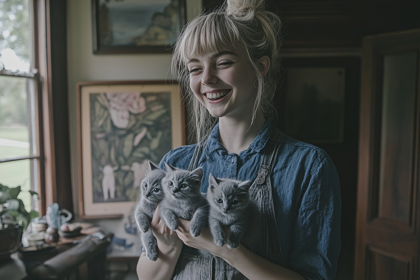 A woman smiling while holding kittens in a living room | Source: Midjourney