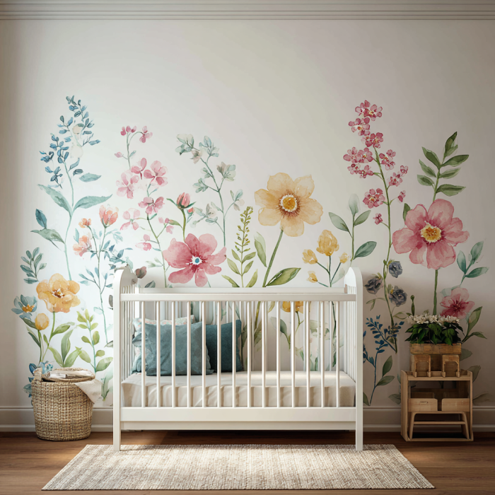 A baby nursery with watercolor flowers painted on the wall | Source: Midjourney
