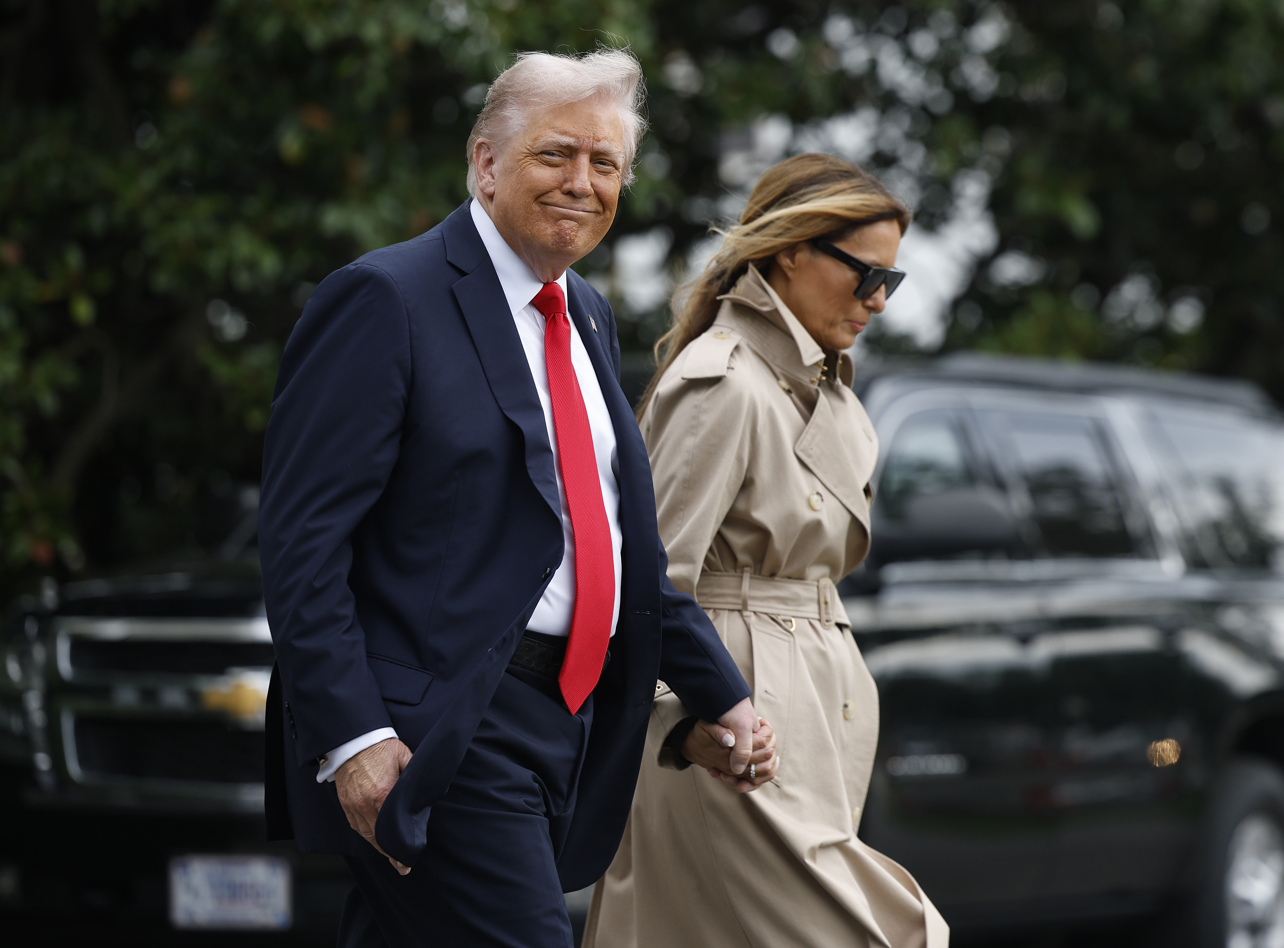 U.S. President Donald Trump and first lady Melania Trump depart the White House en route to London on September 16, 2025 in Washington, DC. | Source: Getty Images