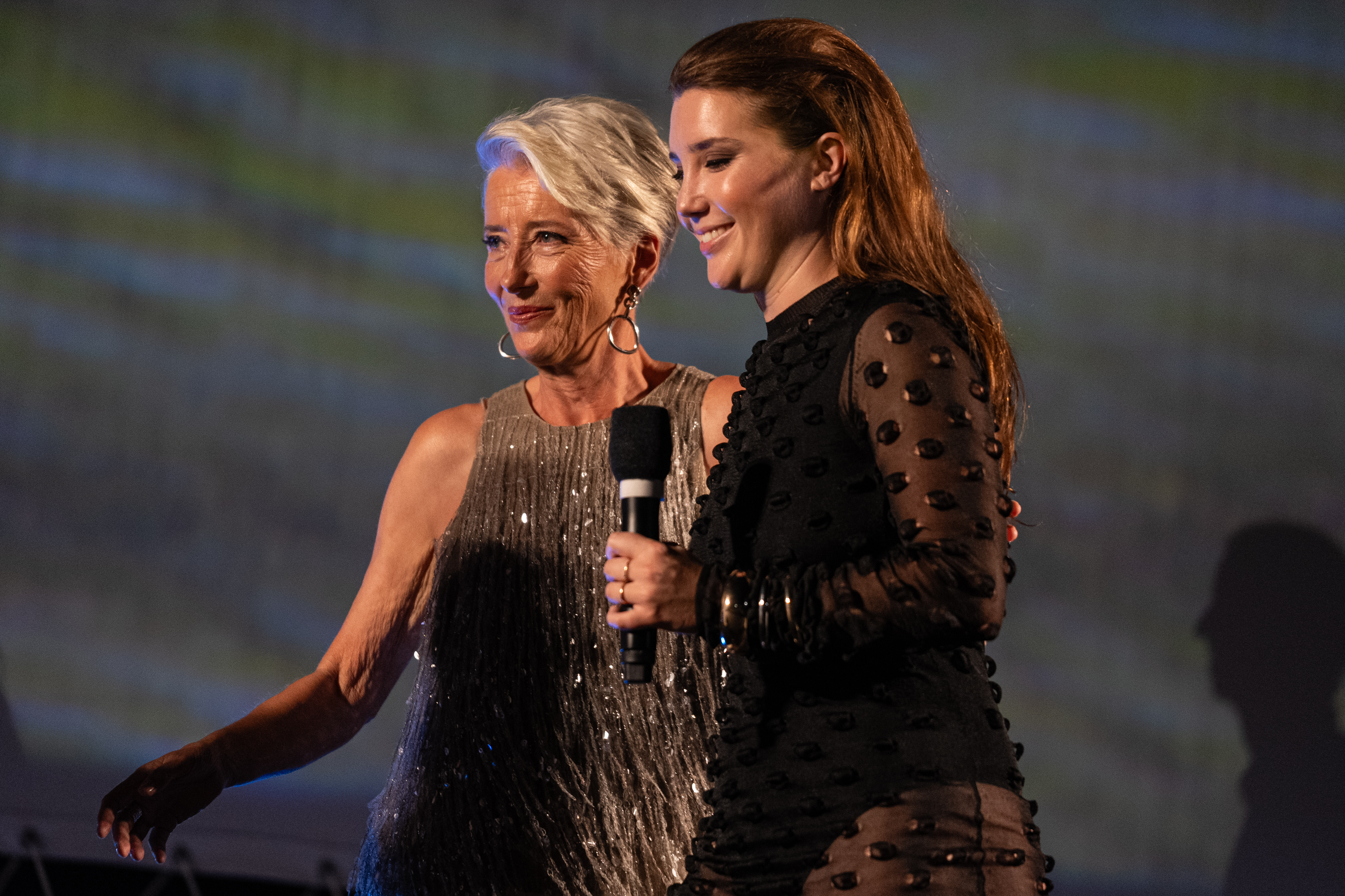 Gaia Wise and Emma Thompson on stage before 'The Dead of Winter' screening during the 78th Locarno Film Festival on August 8, 2025 in Locarno, Switzerland. | Source: Getty Images
