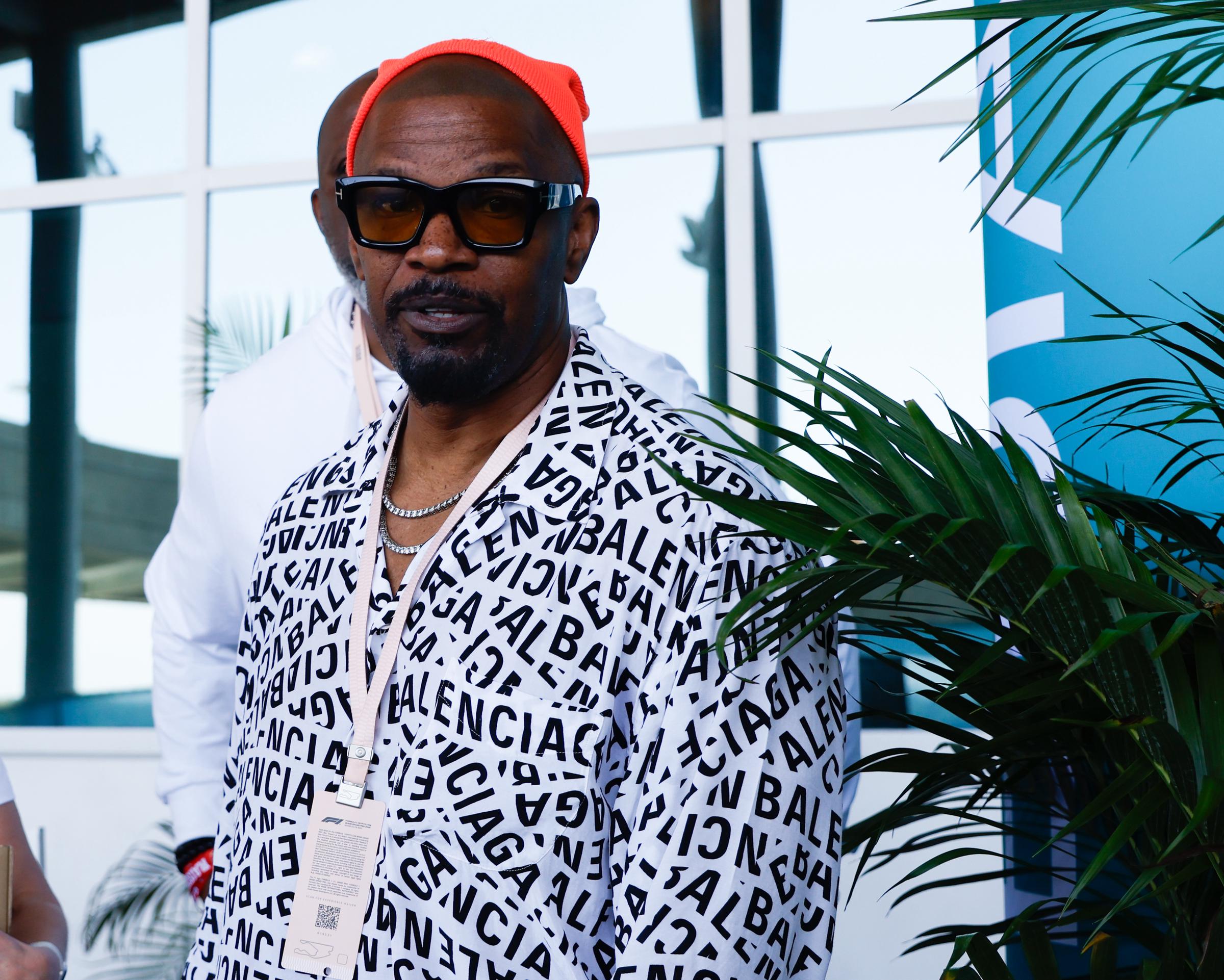 Jamie Foxx is seen in the paddock ahead of the qualifying race for the Formula 1 Crypto.com Miami Grand Prix at the Miami International Autodrome in Miami Gardens, Florida, United States, on May 2, 2026. | Source: Getty Images