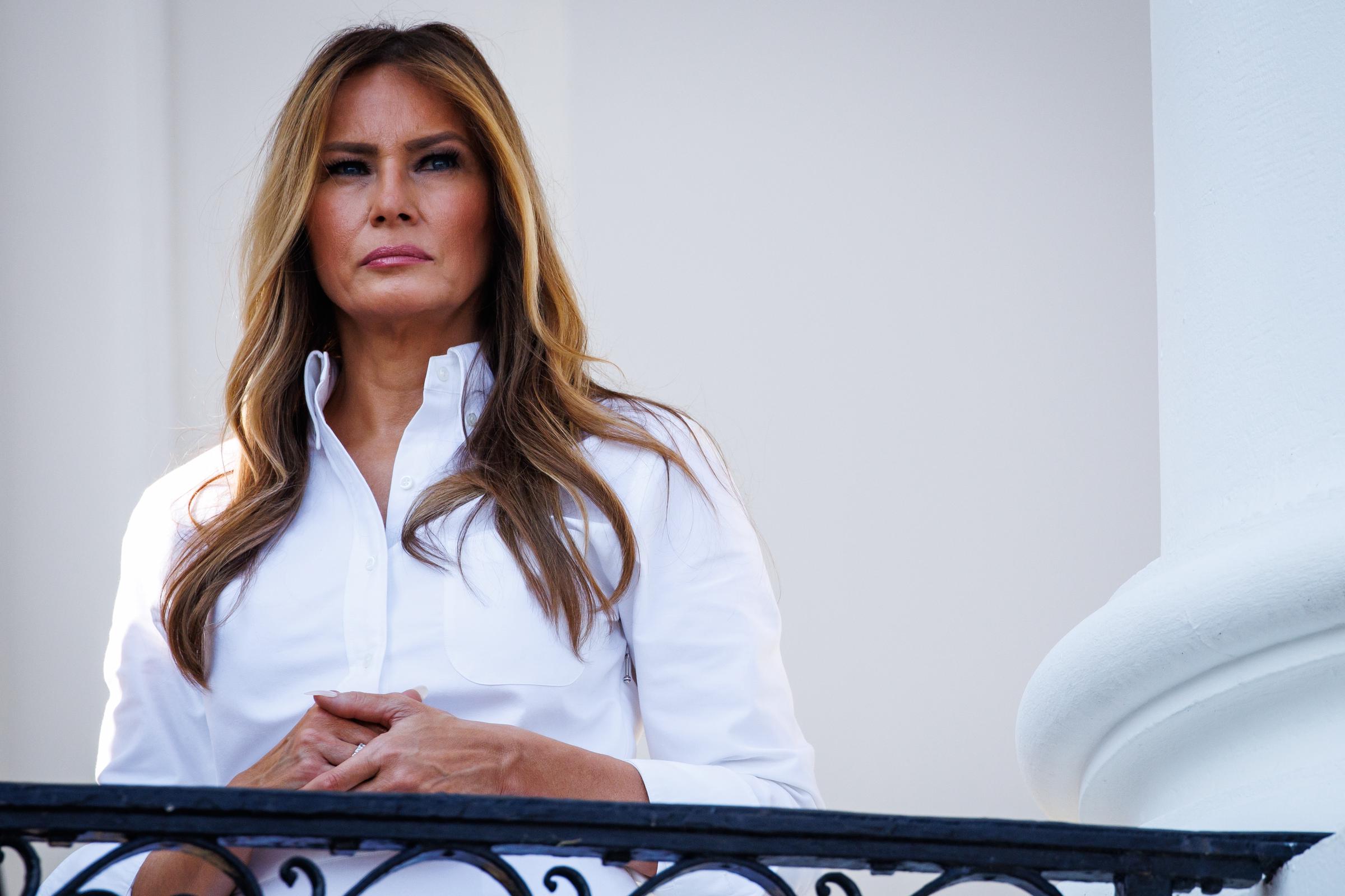 First Lady Melania Trump listens as U.S. President Donald Trump (not pictured) delivers remarks during an Independence Day military family picnic on the South Lawn of the White House on July 4, 2025, in Washington, DC. | Source: Getty Images