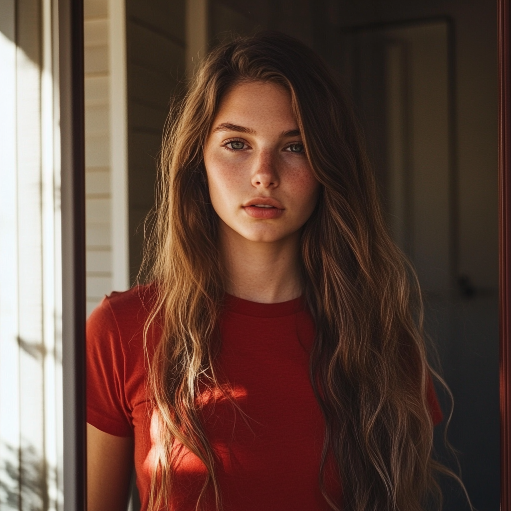 A woman wearing a red T-shirt standing in a doorway | Source: Midjourney