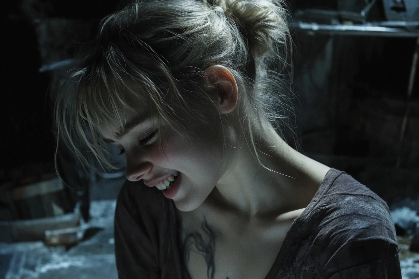 A woman smiling as she stands in an attic, looking down | Source: Midjourney