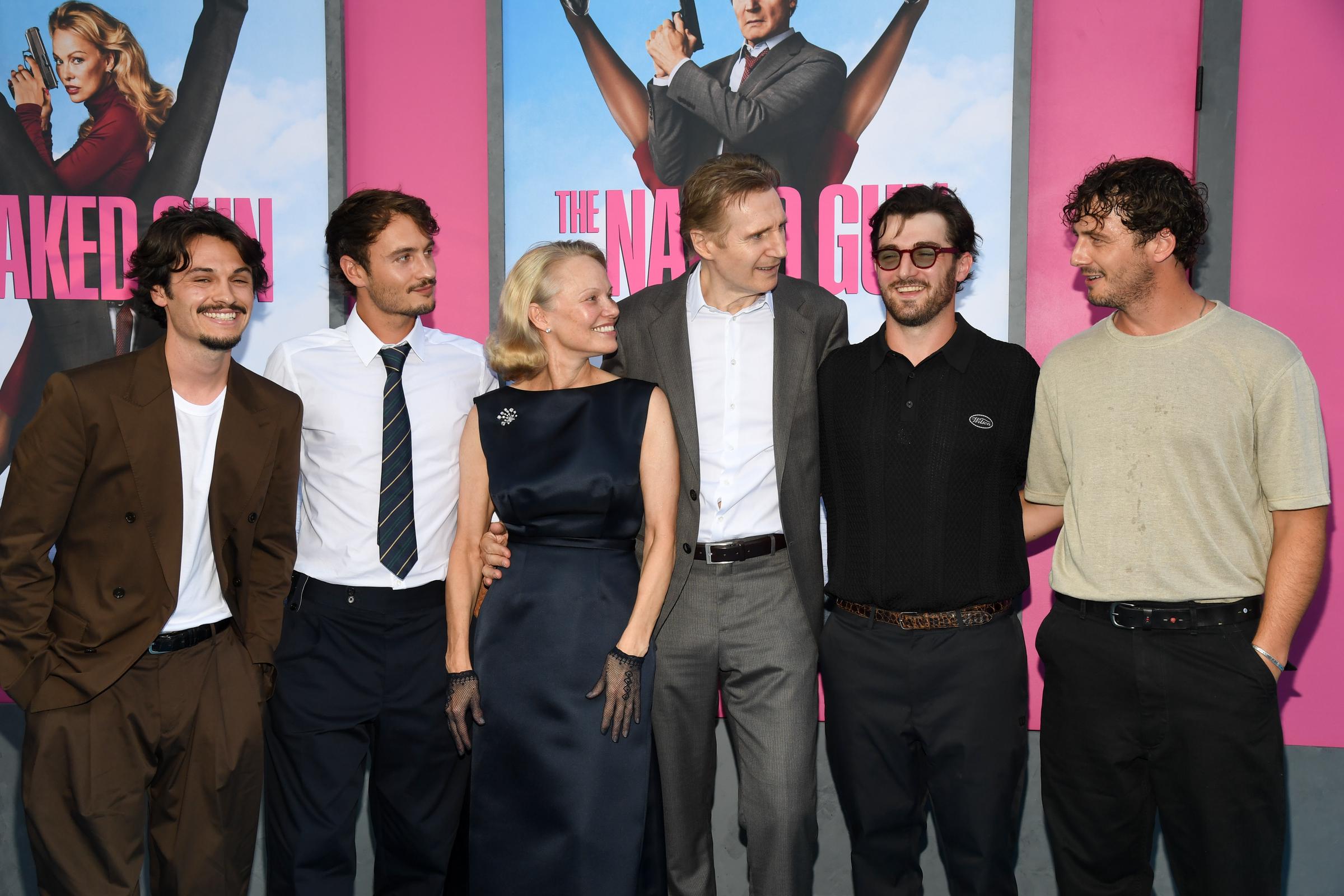 Dylan Jagger Lee, Brandon Thomas Lee, Pamela Anderson, Liam Neeson, Daniel Neeson, Micheál Neeson at "The Naked Gun" New York Premiere on July 28, 2025 in New York City. | Source: Getty Images
