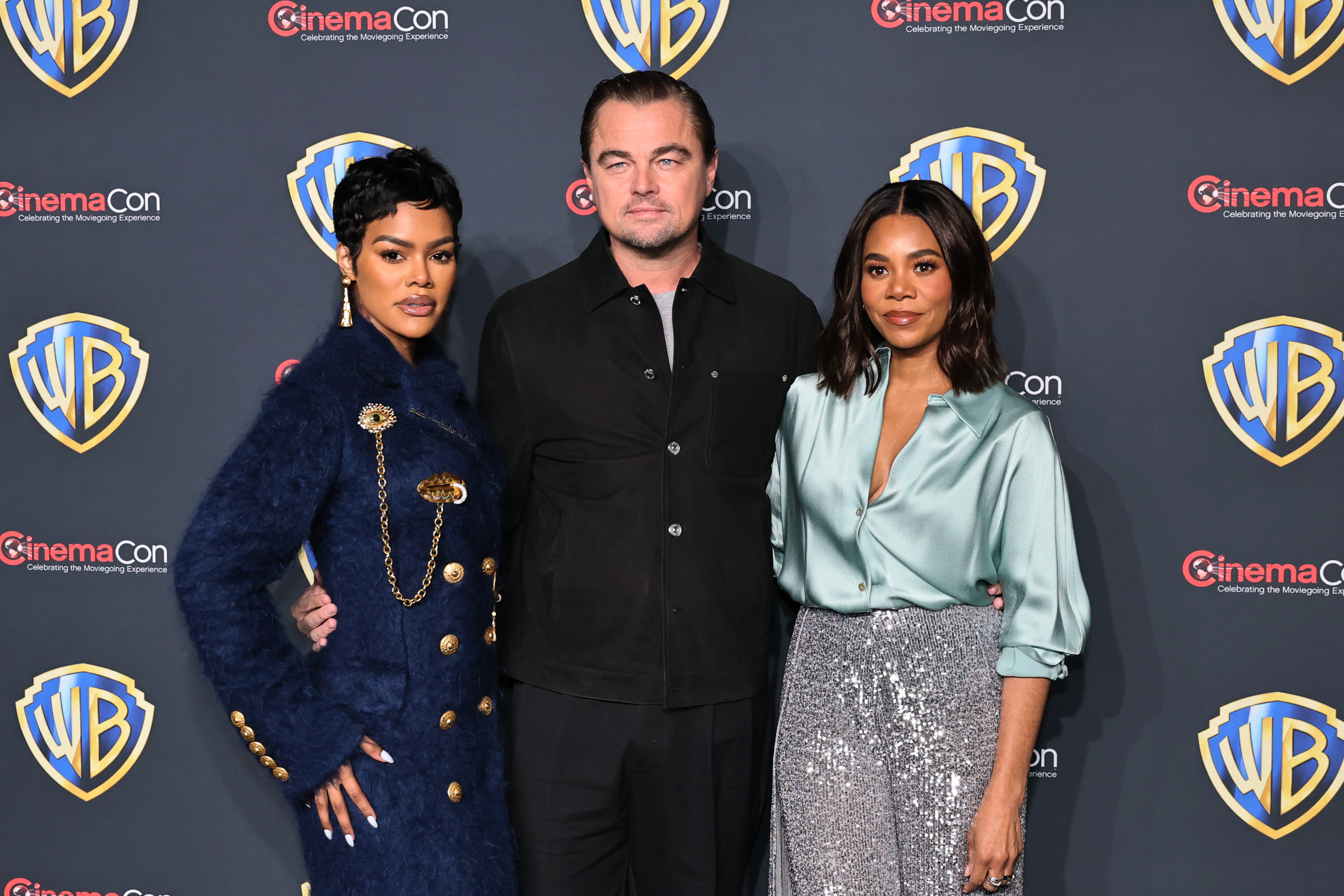 Teyana Taylor, Leonardo DiCaprio and Regina Hall attend the Warner Bros. Pictures "The Big Picture" Presentation at 2025 CinemaCon at The Colosseum at Caesars Palace on April 01, 2025 in Las Vegas, Nevada. | Source: Getty Images