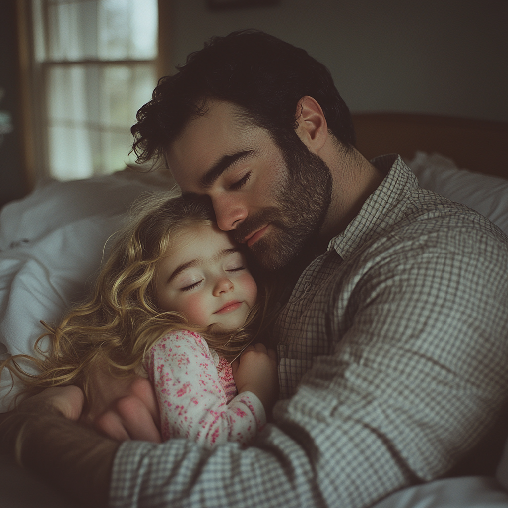 A father and daughter lying in bed | Source: Midjourney