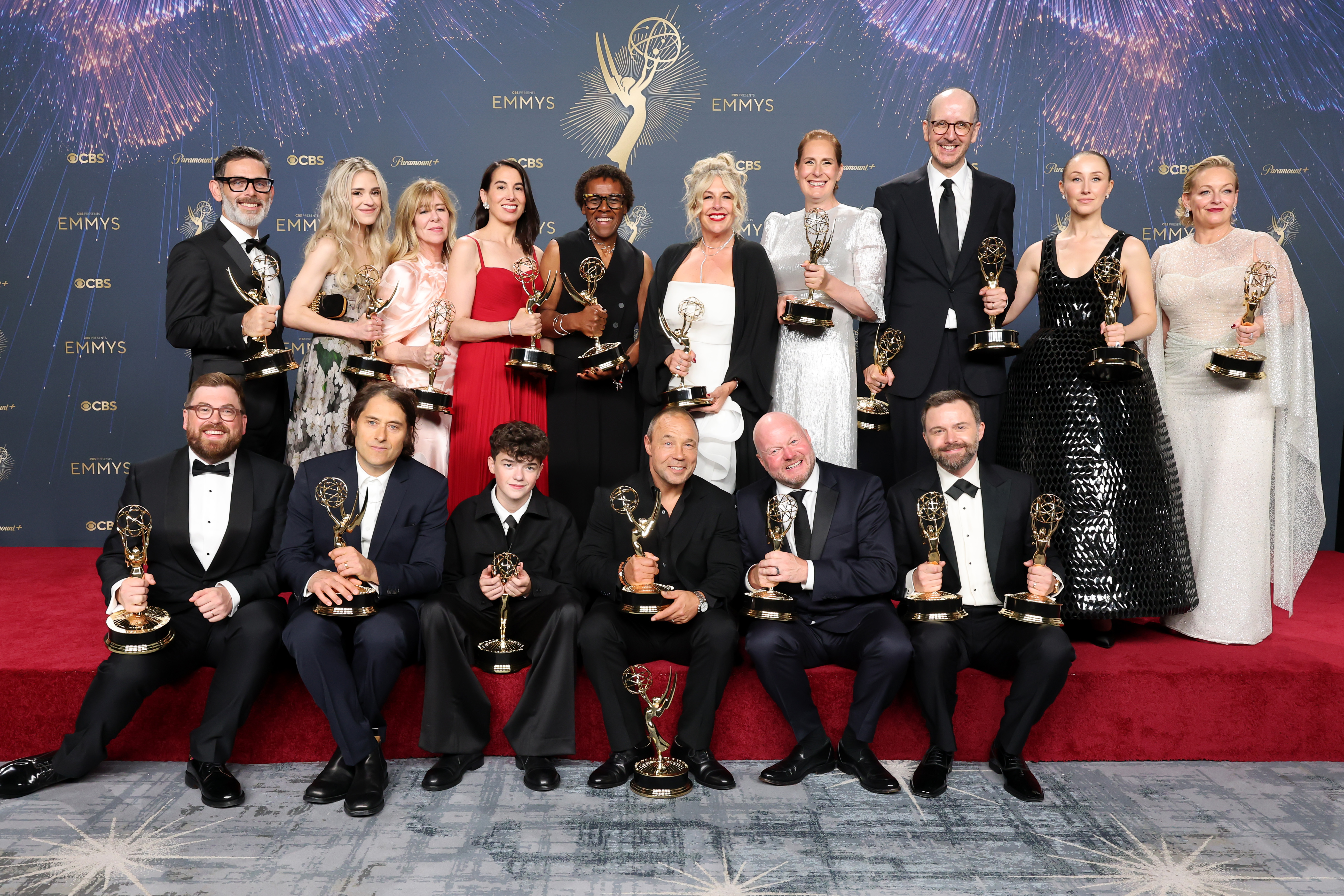Stephen Graham, Owen Cooper, Erin Doherty, Christine Tremarco, Jack Thorne, Philip Barantini, Jeremy Kleiner, and cast and crew of "Adolescence,"  pose in the press room during the 77th Primetime Emmy Awards at Peacock Theater on September 14, 2025 in Los Angeles, California. | Source: Getty Images