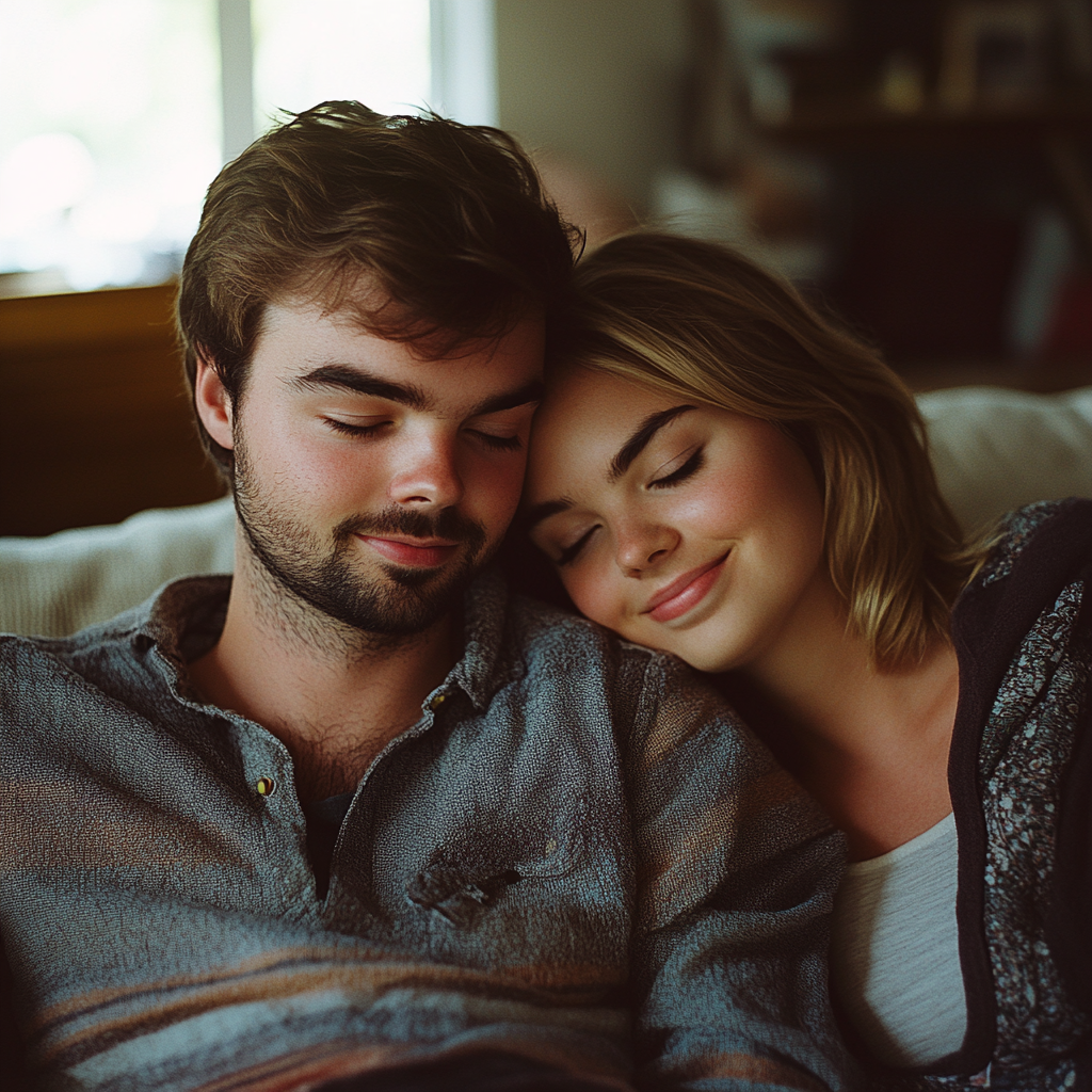A happy couple snuggling on a couch | Source: Midjourney